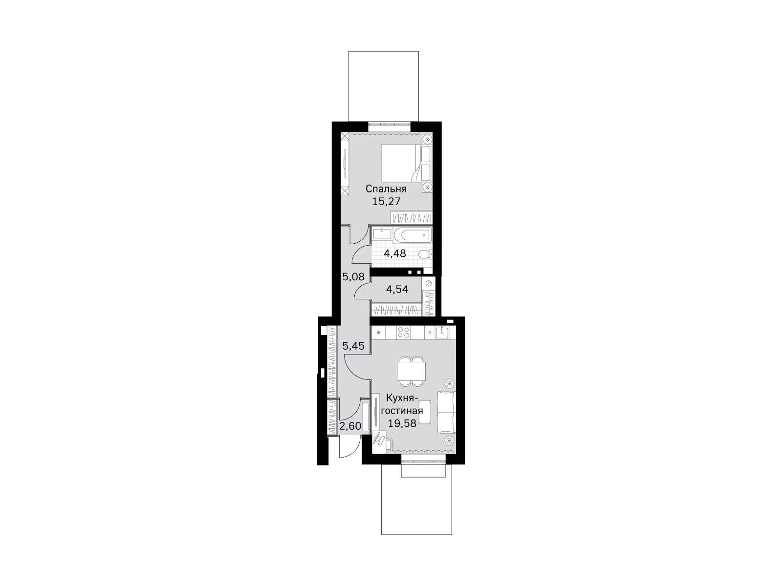 Планировка: 1-комн. квартира 57.00 м² в новостройке Жаворонки Клаб