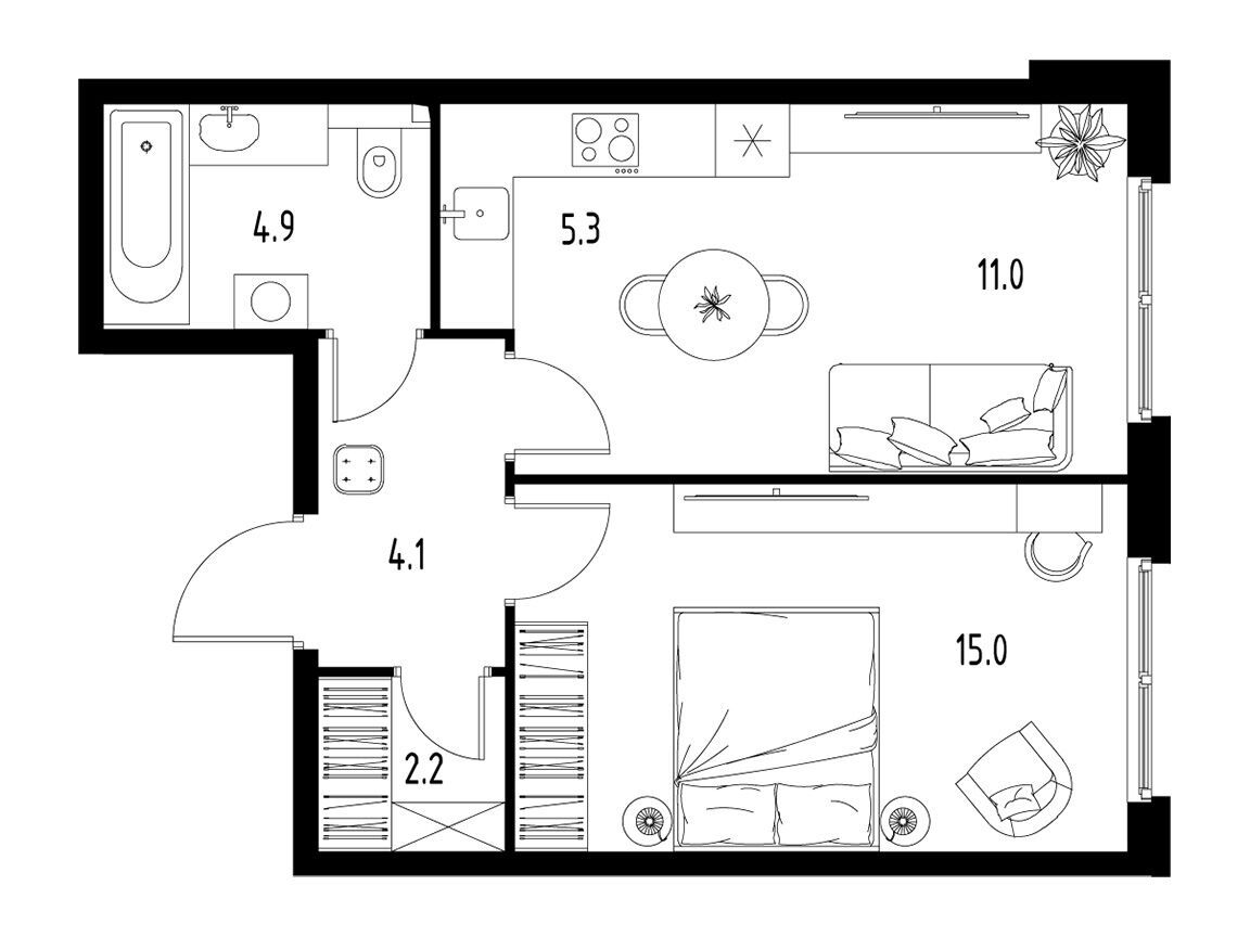 Планировка: 1-комн. квартира 42.40 м² в новостройке Сколково Уан