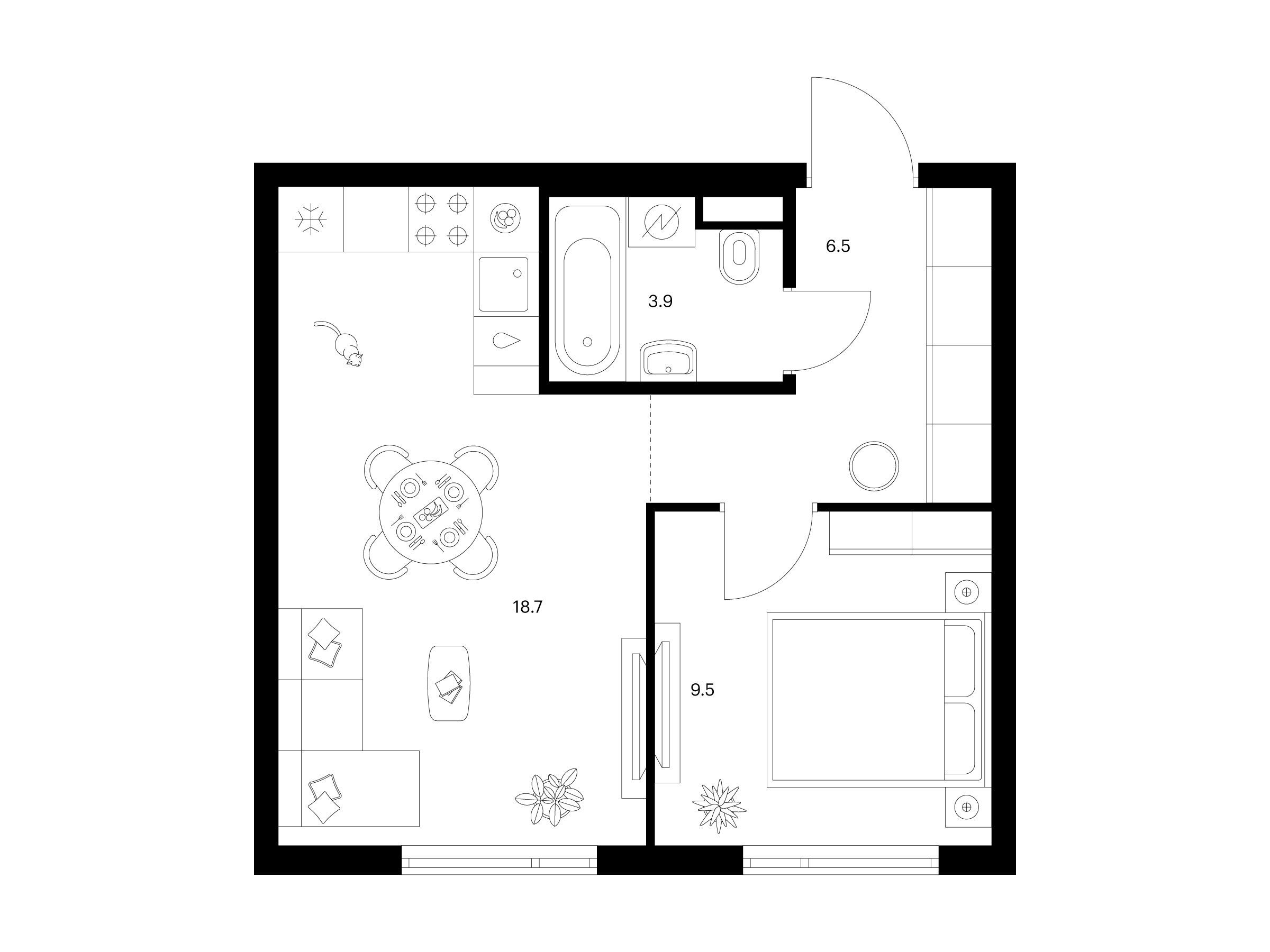 Планировка: 1-комн. квартира 38.60 м² в новостройке Руставели 14