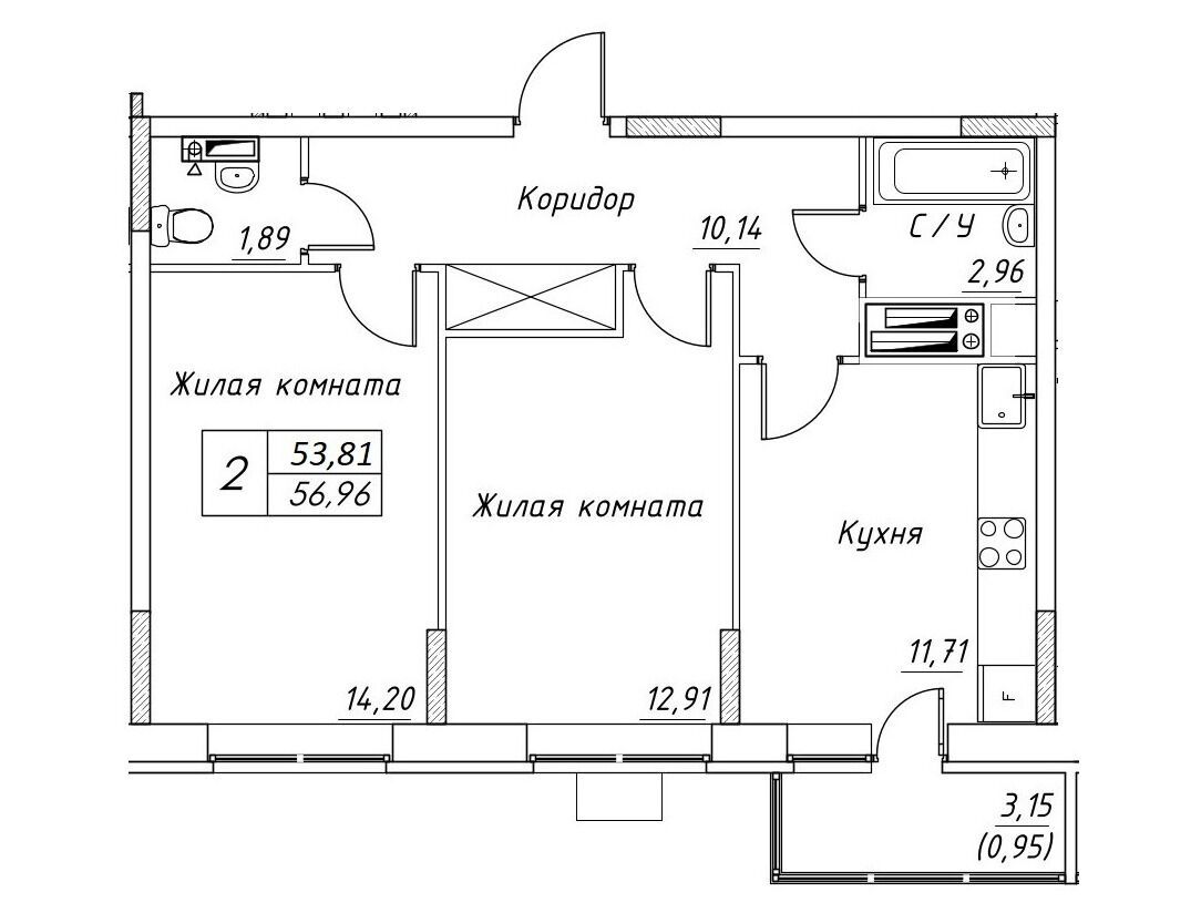 Планировка: 2-комн. квартира 56.96 м² в новостройке Большевик (Дмитров)