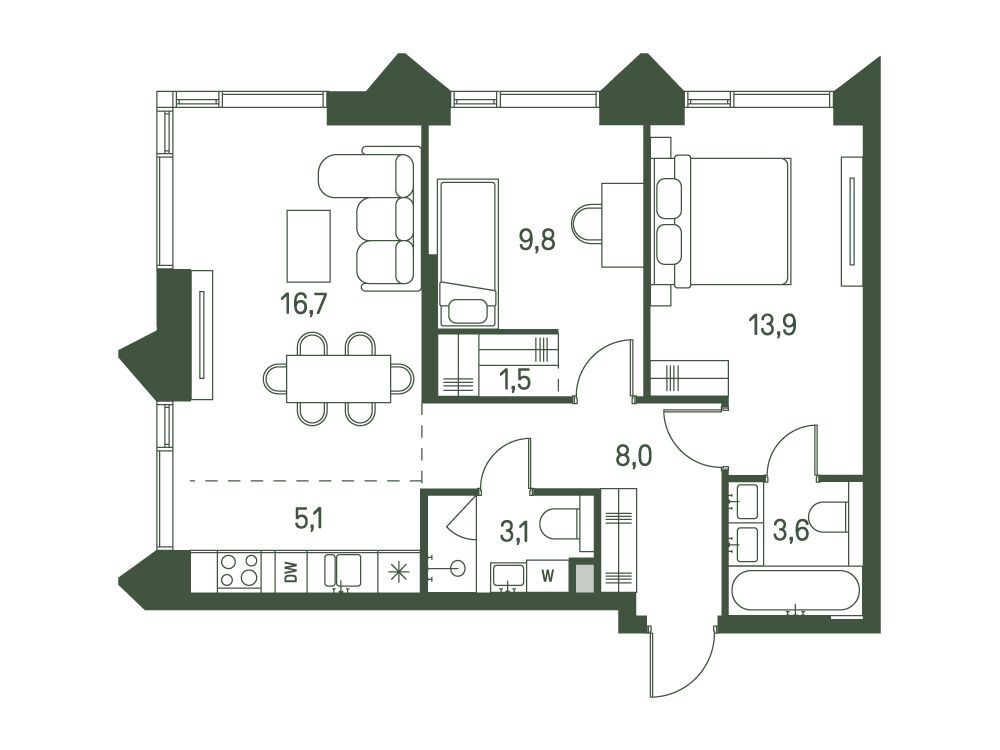 Планировка: 2-комн. квартира 61.70 м² в новостройке Моментс