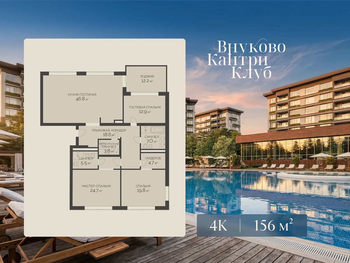 Планировка: 4-комн. квартира 156.00 м² в новостройке Внуково Кантри Клаб