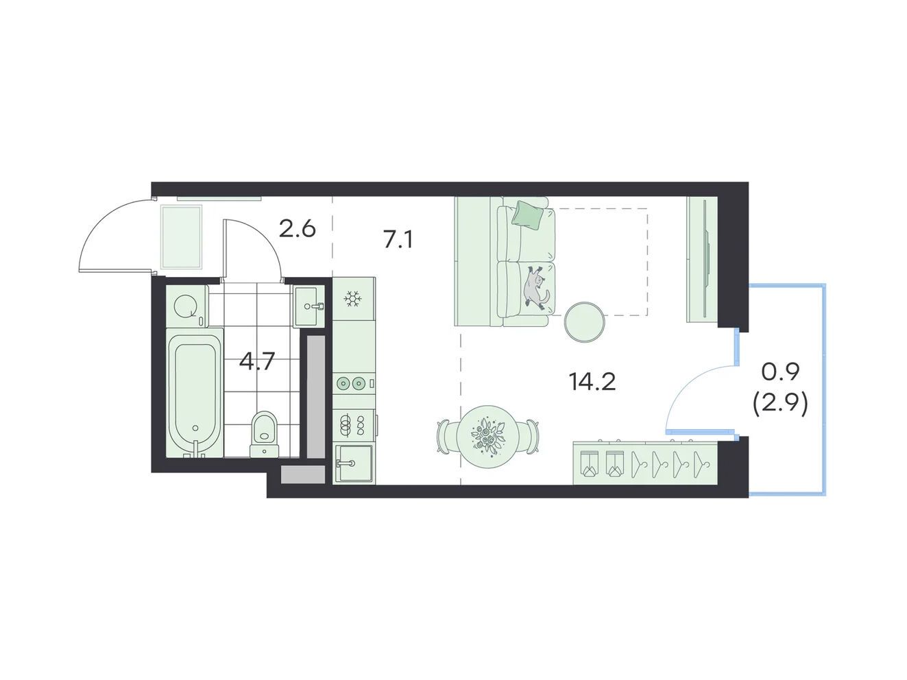Планировка: Студия 29.50 м² в новостройке Джи Три Михалевич