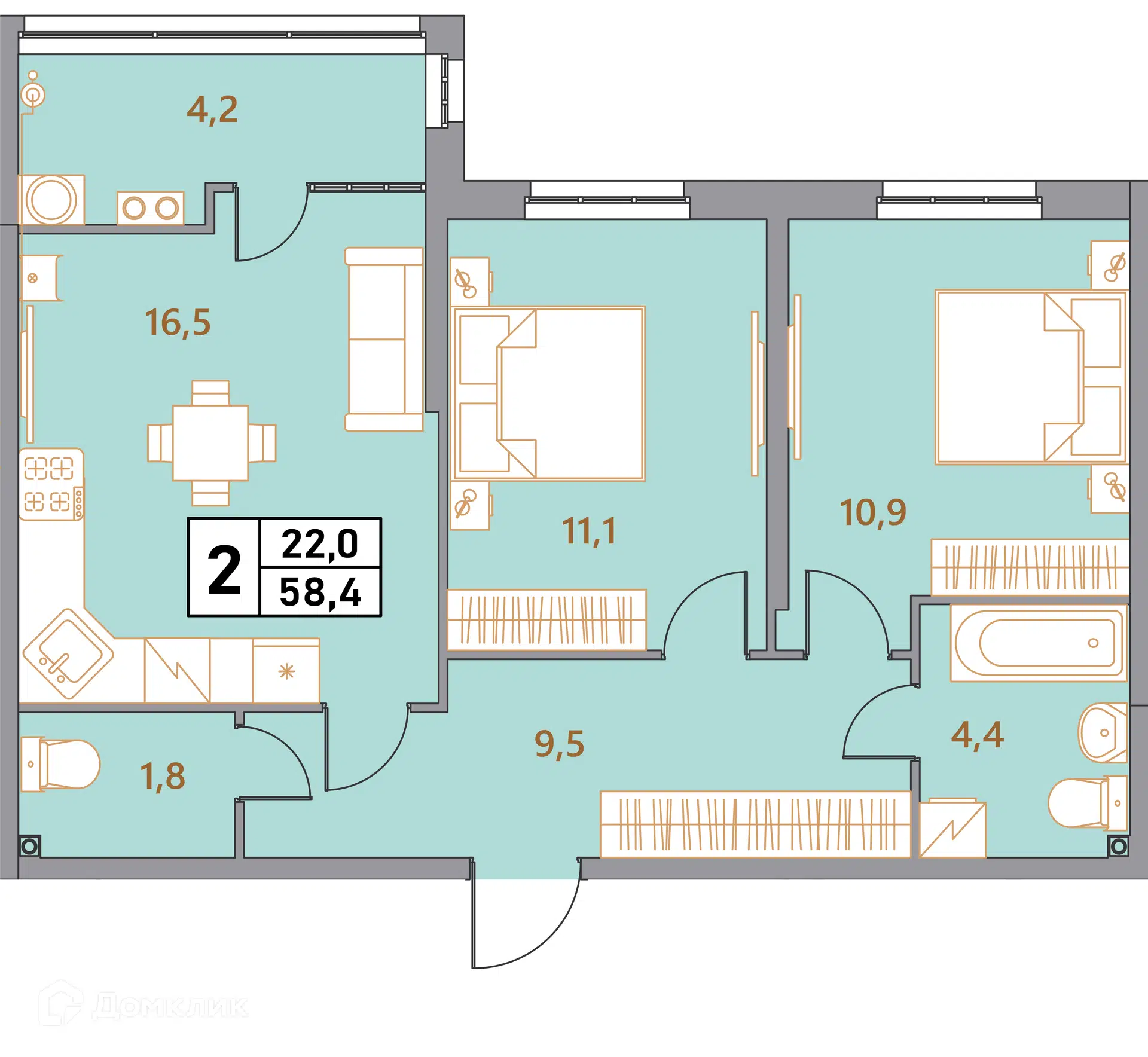 Планировка: 3-комн. квартира 58.40 м² в новостройке Фруктовый сад