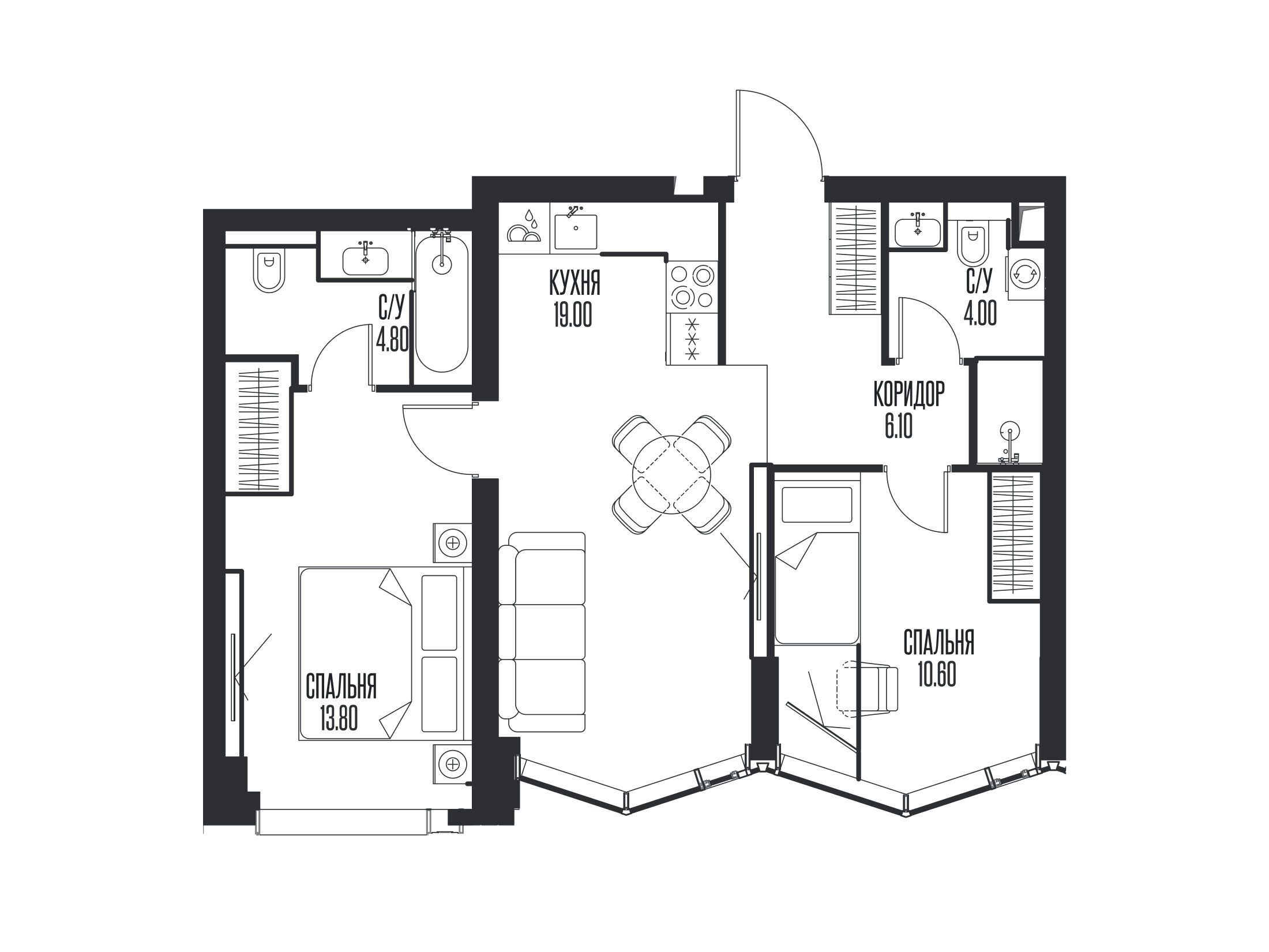 Планировка: 2-комн. квартира 58.30 м² в новостройке ЖК Айс Тауэрс