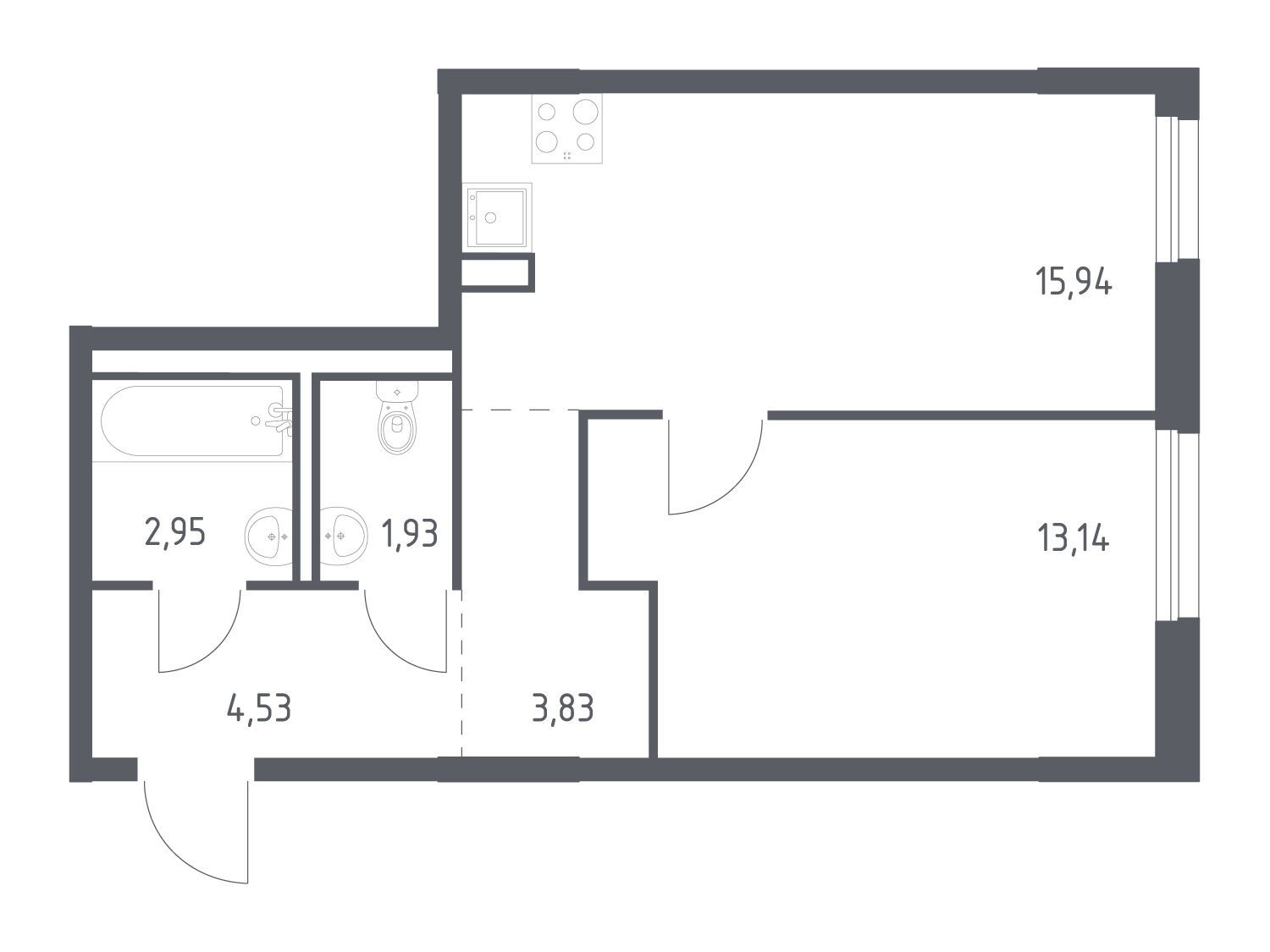 Планировка: 1-комн. квартира 42.32 м² в новостройке Невская долина