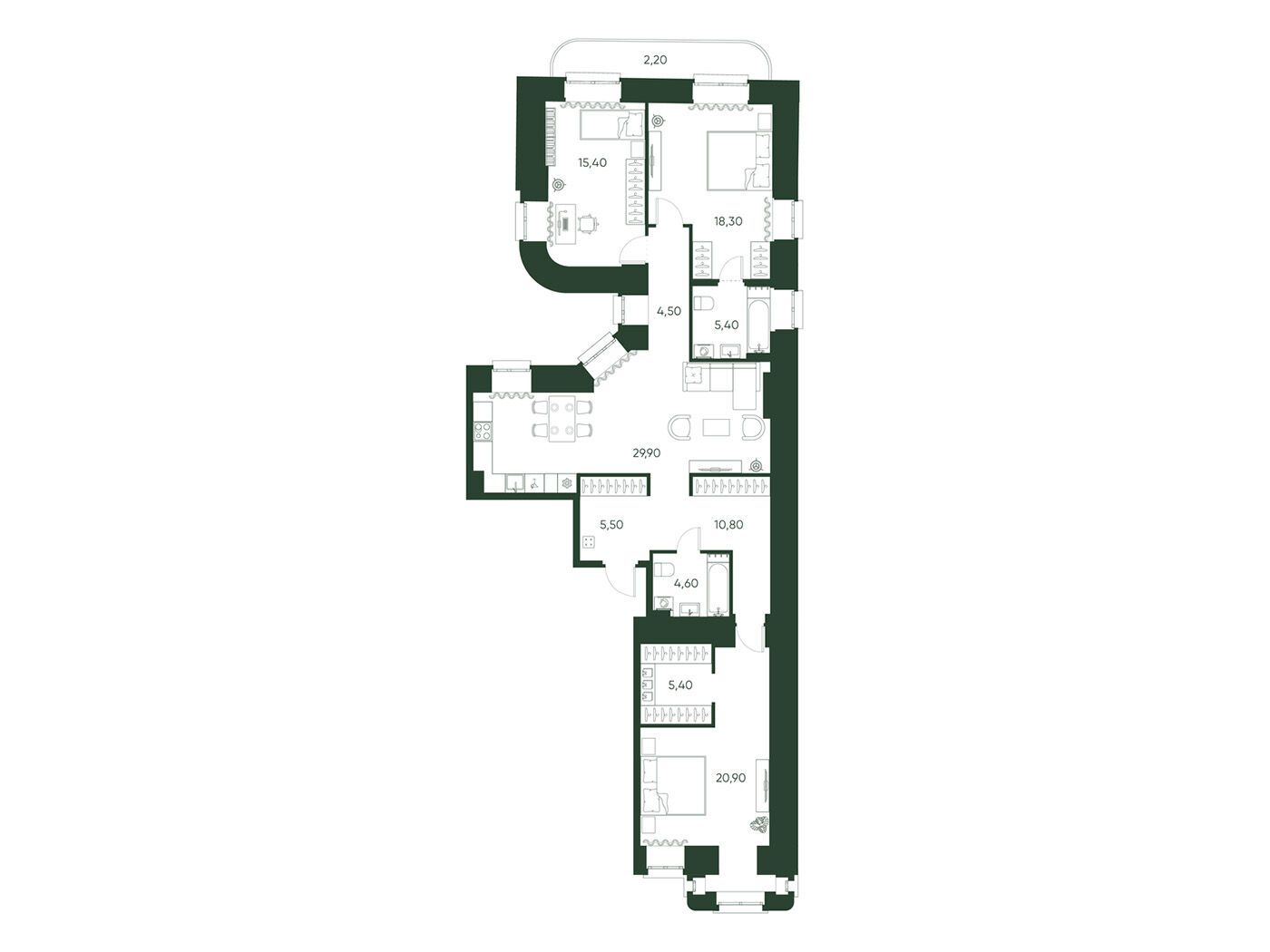 Планировка: 3-комн. квартира 122.90 м² в новостройке Моисеенко 10