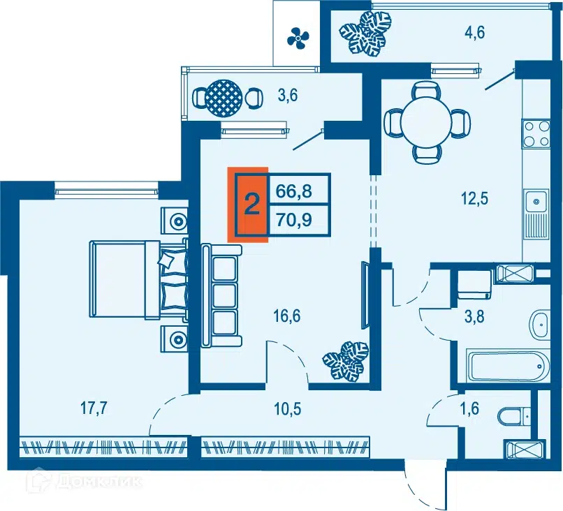 Планировка: 2-комн. квартира 66.80 м² в новостройке Дом у озера