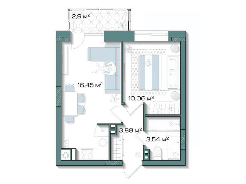 Планировка: 1-комн. квартира 34.80 м² в новостройке Аксиома. Возрождение