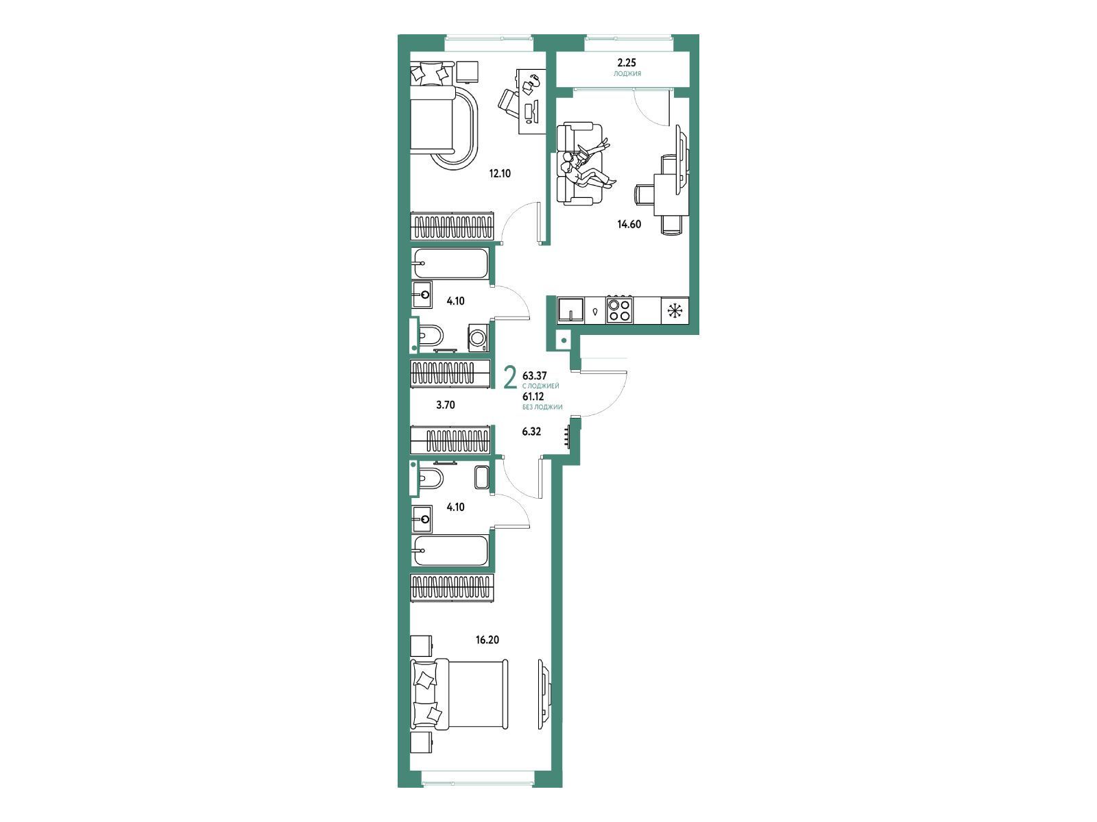 Планировка: 2-комн. квартира 63.37 м² в новостройке Страна Парковая