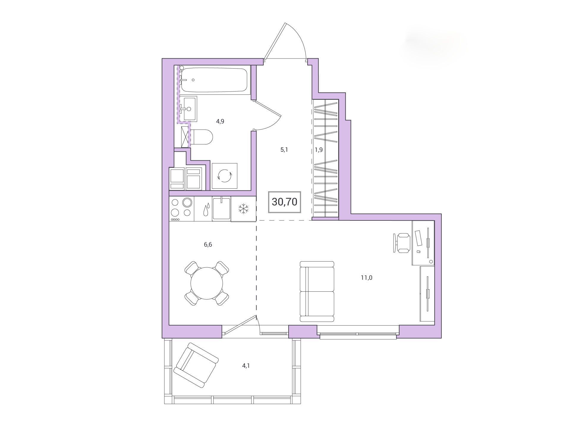 Планировка: Студия 30.70 м² в новостройке Янила Форест