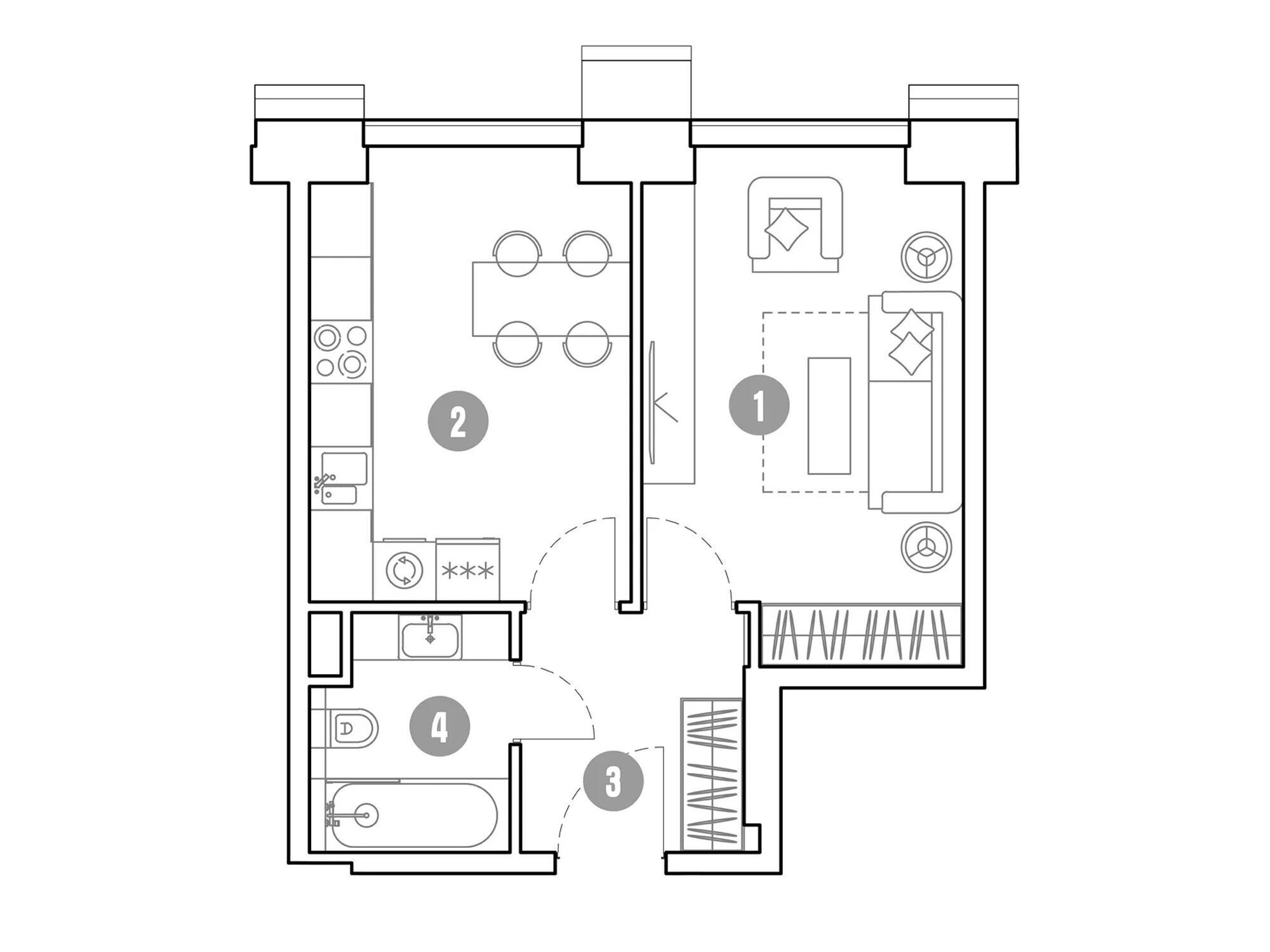 Планировка: 1-комн. квартира 35.70 м² в новостройке Мираполис