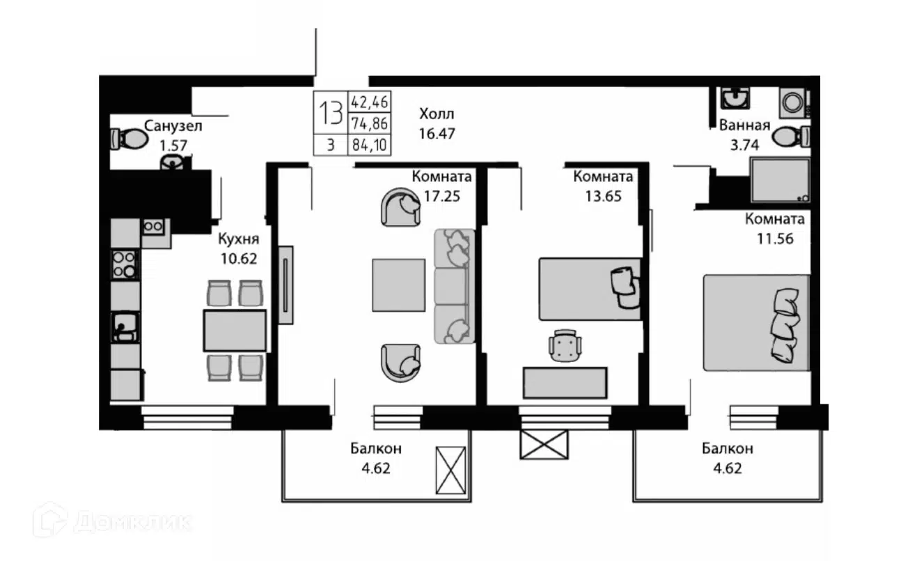 Планировка: 3-комн. квартира 84.10 м² в новостройке Ривьера
