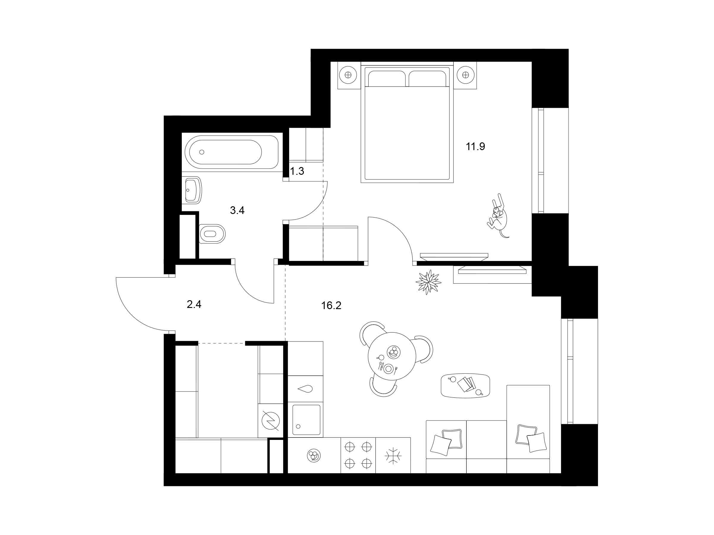 Планировка: 1-комн. квартира 39.00 м² в новостройке Онежский вал