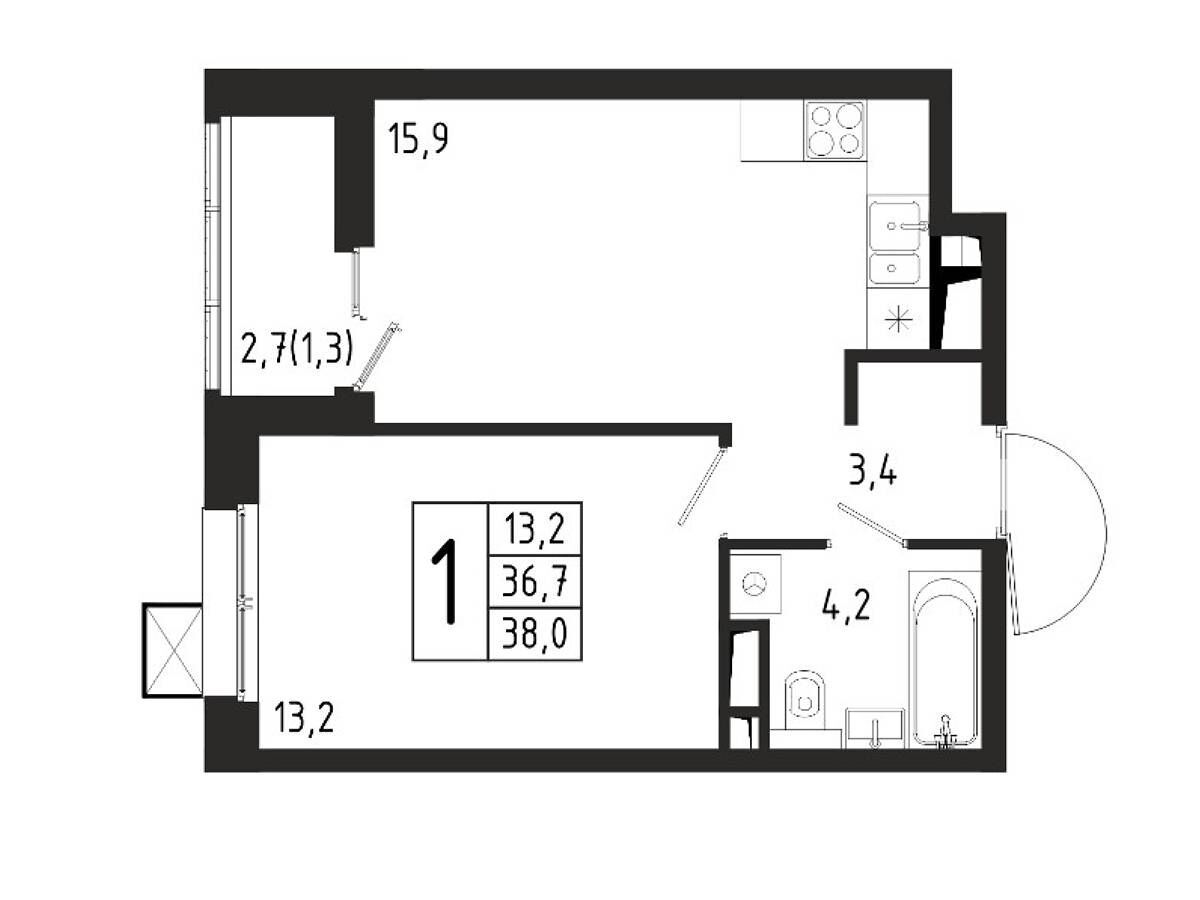 Планировка: 1-комн. квартира 38.00 м² в новостройке Берег