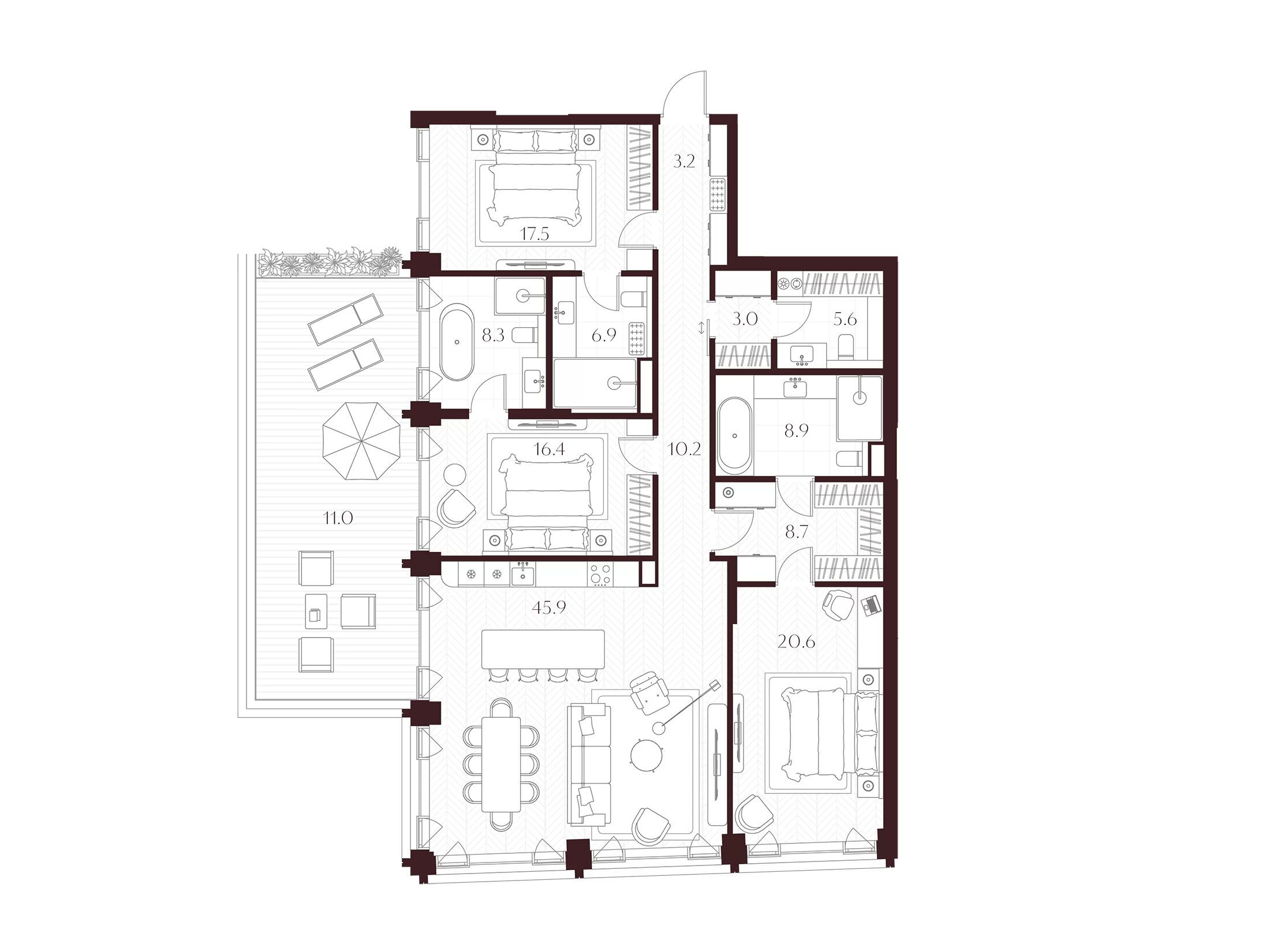 Планировка: 3-комн. квартира 166.20 м² в новостройке Климашкина 7/11