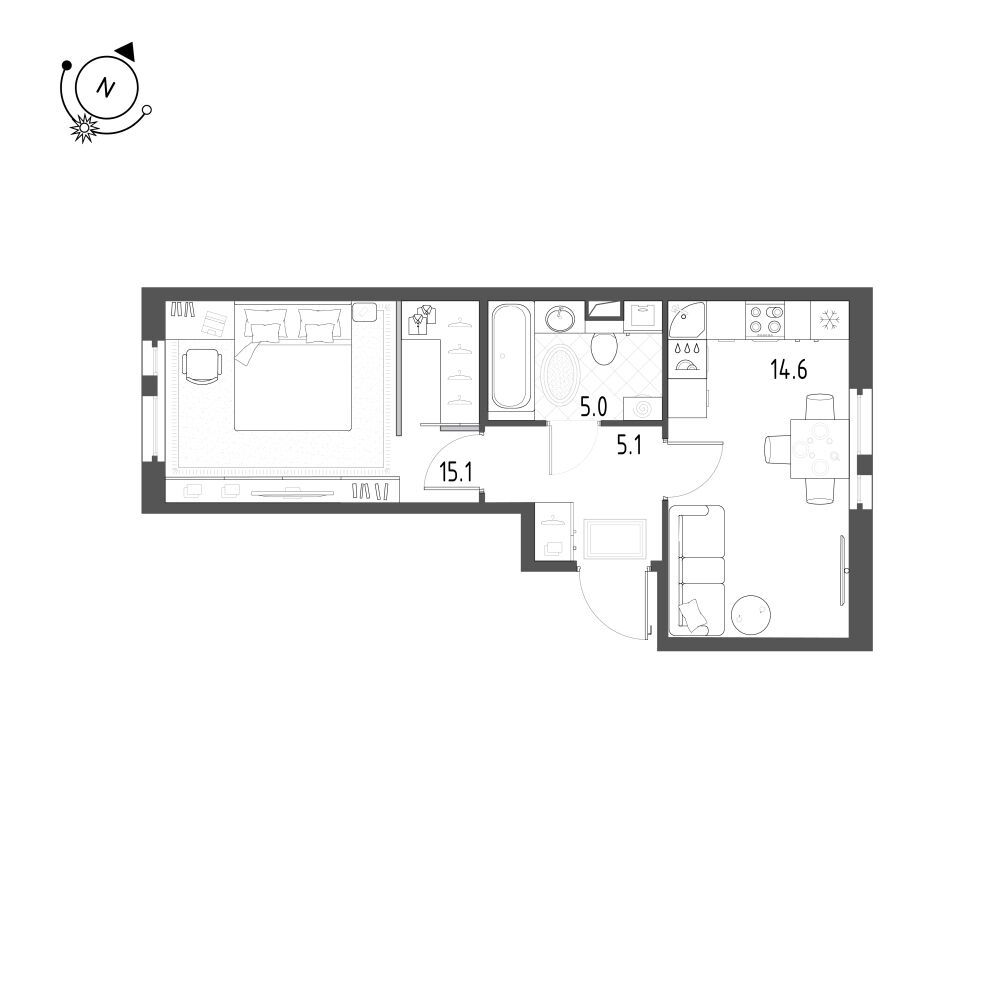 Планировка: 1-комн. квартира 39.80 м² в новостройке Монография