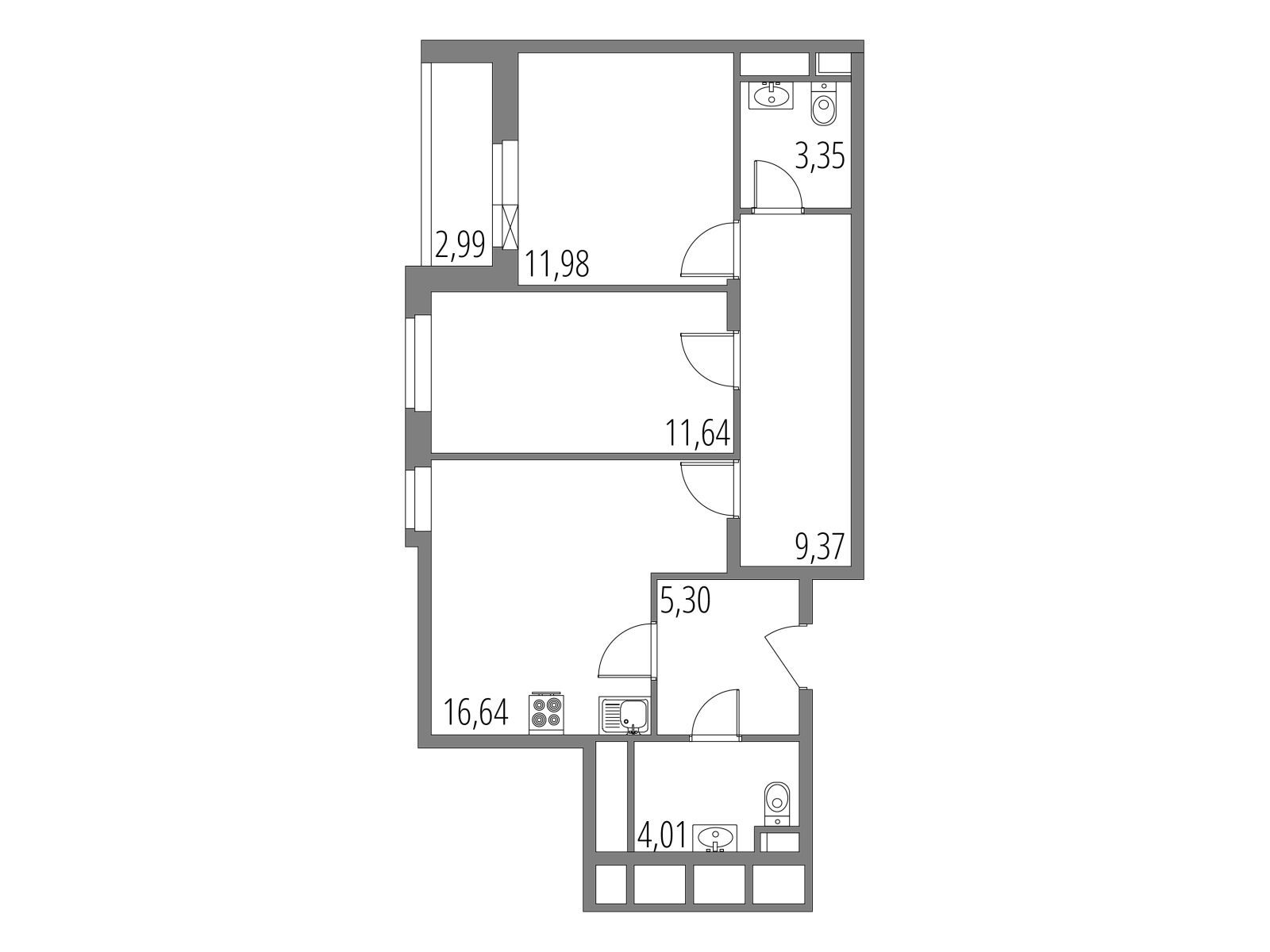 Планировка: 3-комн. квартира 63.79 м² в новостройке Внуково Парк