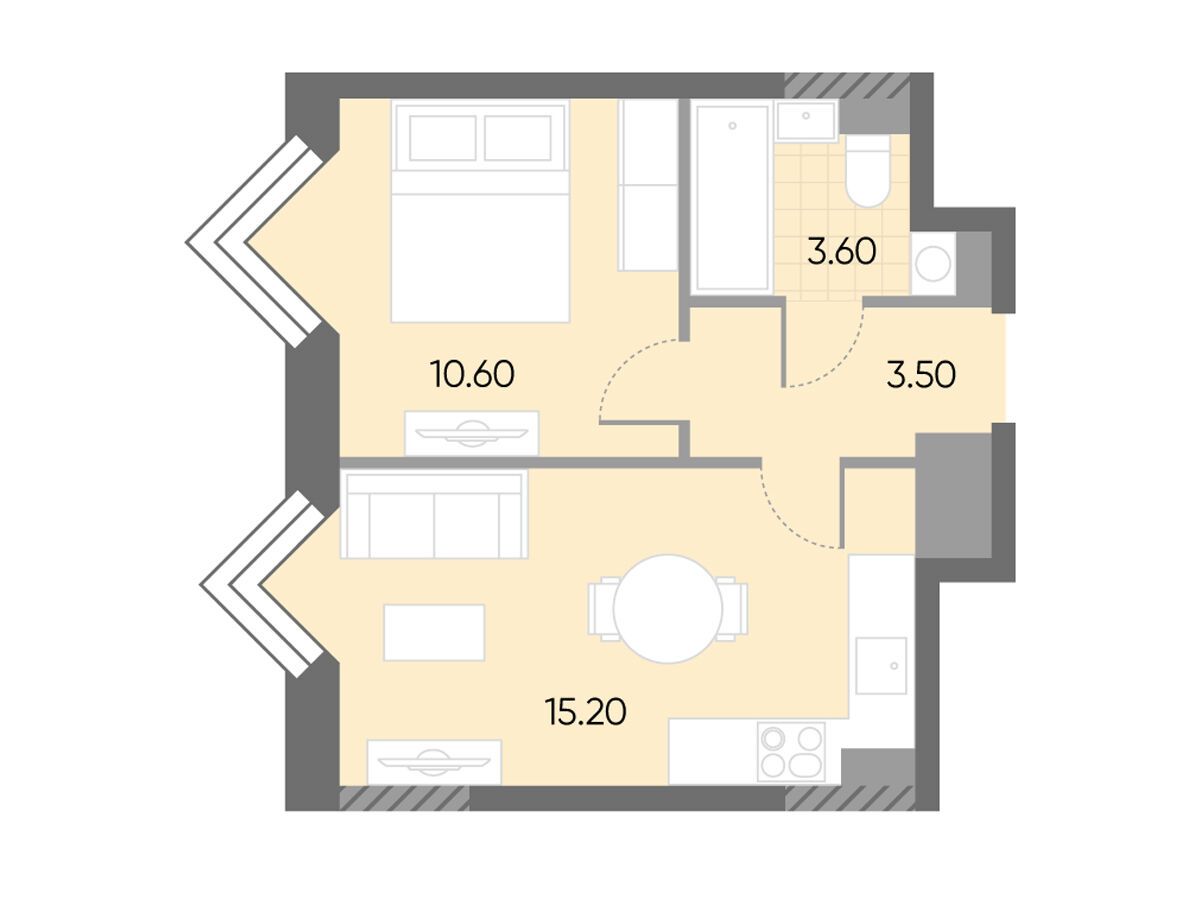 Планировка: 1-комн. квартира 32.90 м² в новостройке ЖК Вейв