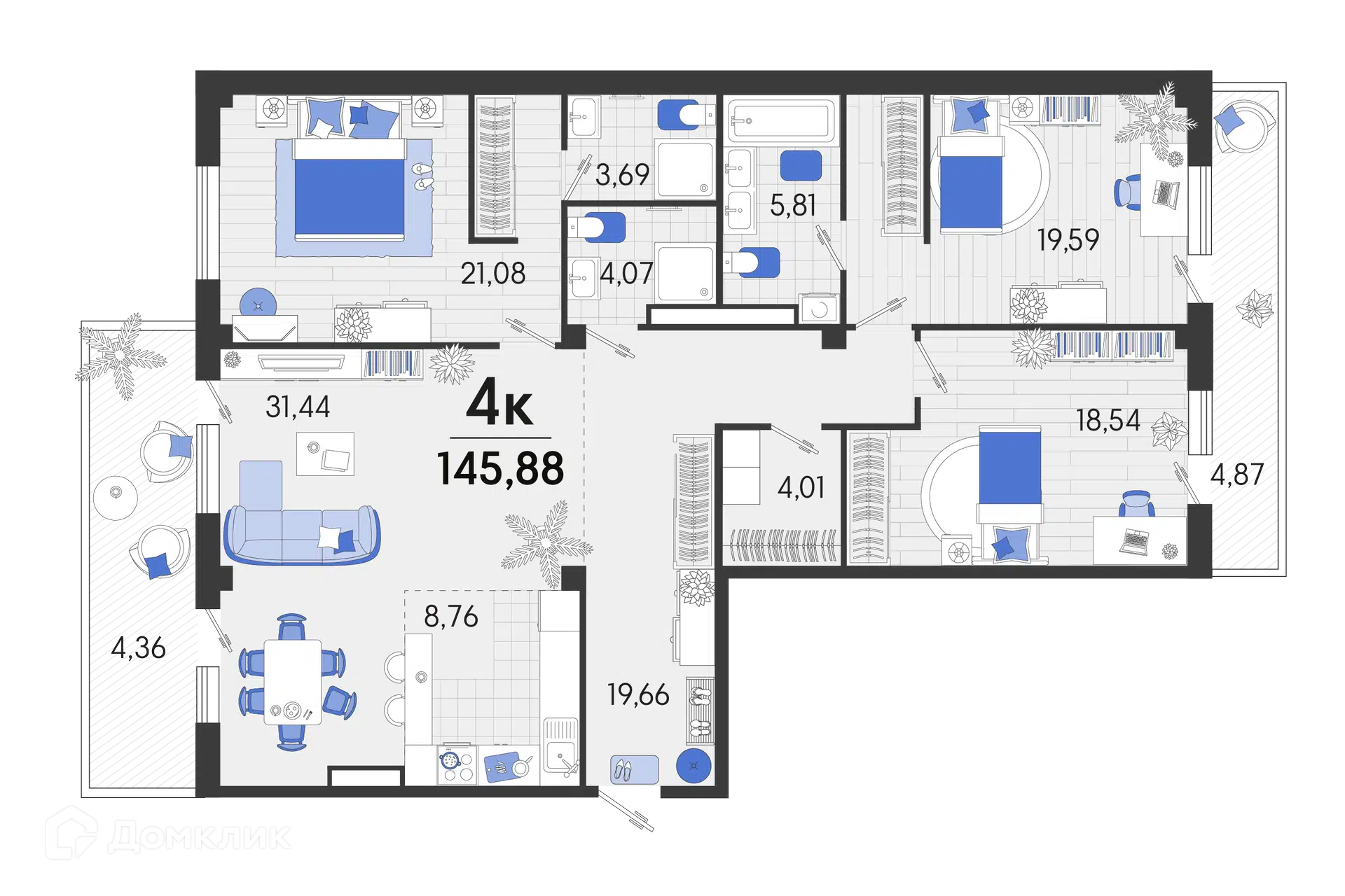 Планировка: 4-комн. квартира 146.55 м² в новостройке Белые Росы
