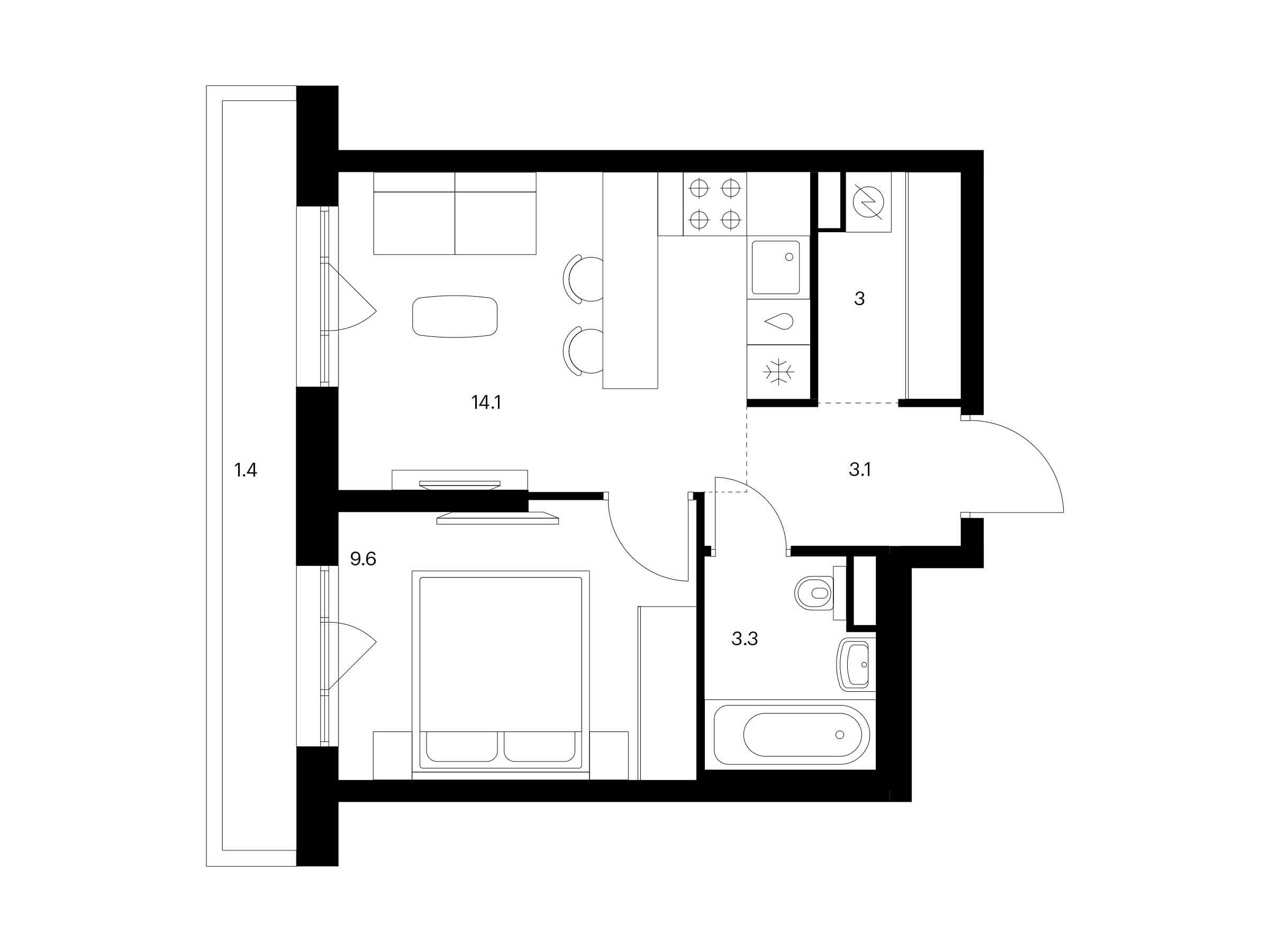 Планировка: 1-комн. квартира 34.50 м² в новостройке Кутузовский квартал