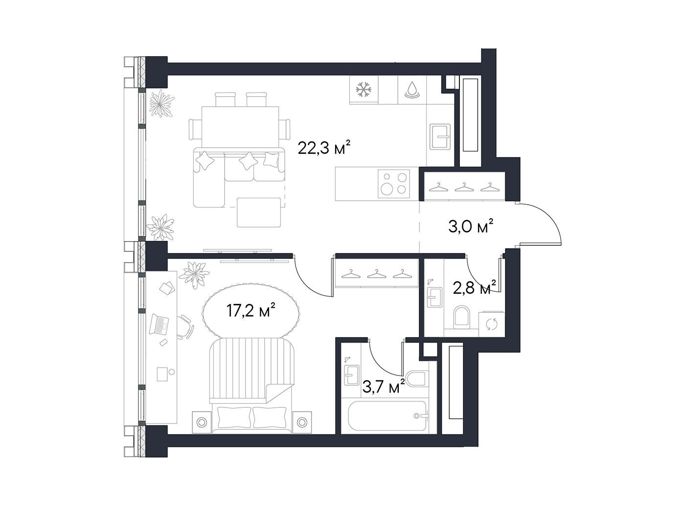 Планировка: 1-комн. квартира 49.00 м² в новостройке Первый Нагатинский