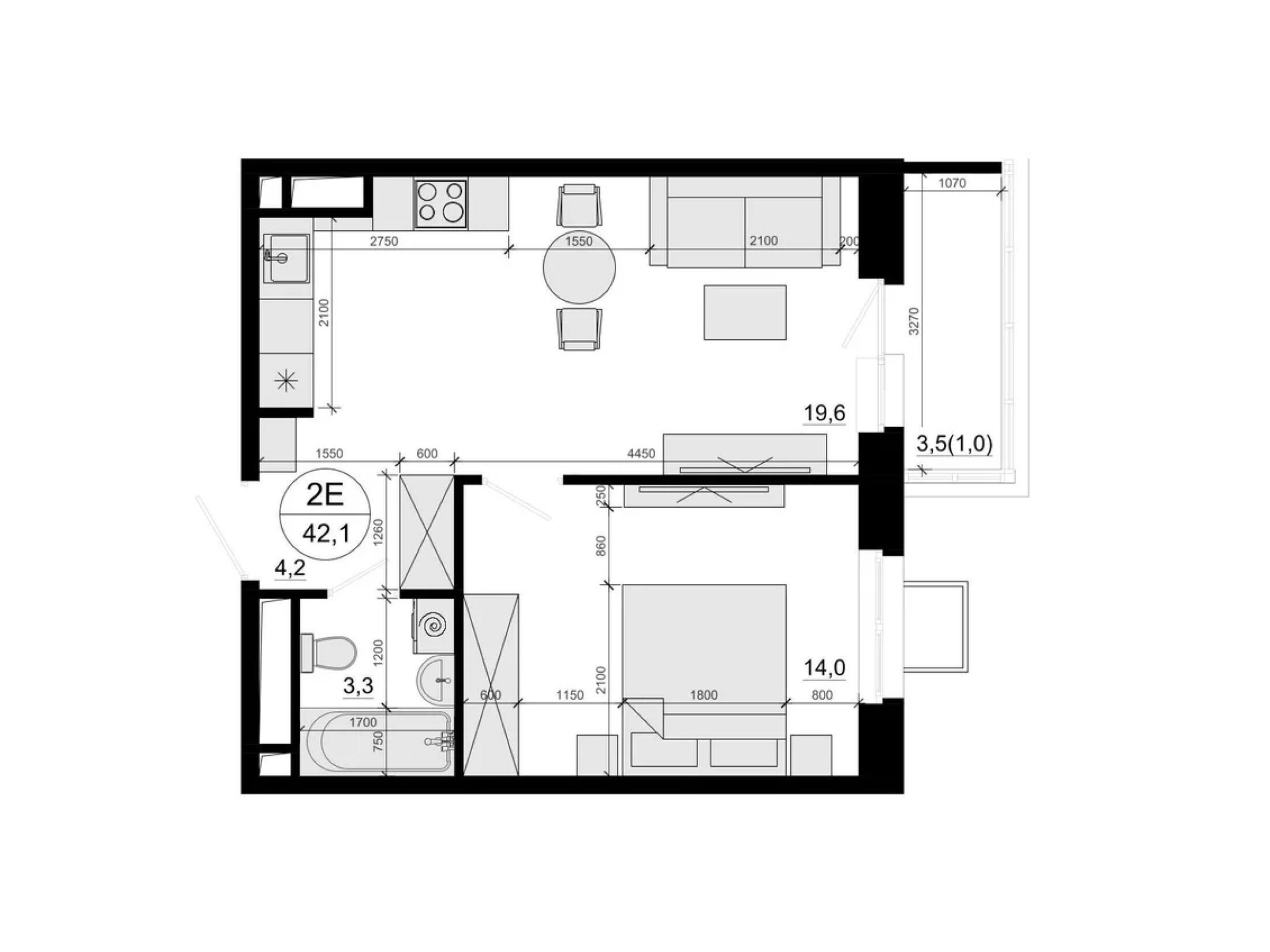 Планировка: 1-комн. квартира 43.00 м² в новостройке ЖК Одинцовские кварталы