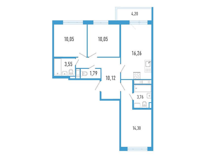 Планировка: 3-комн. квартира 71.14 м² в новостройке Аэросити