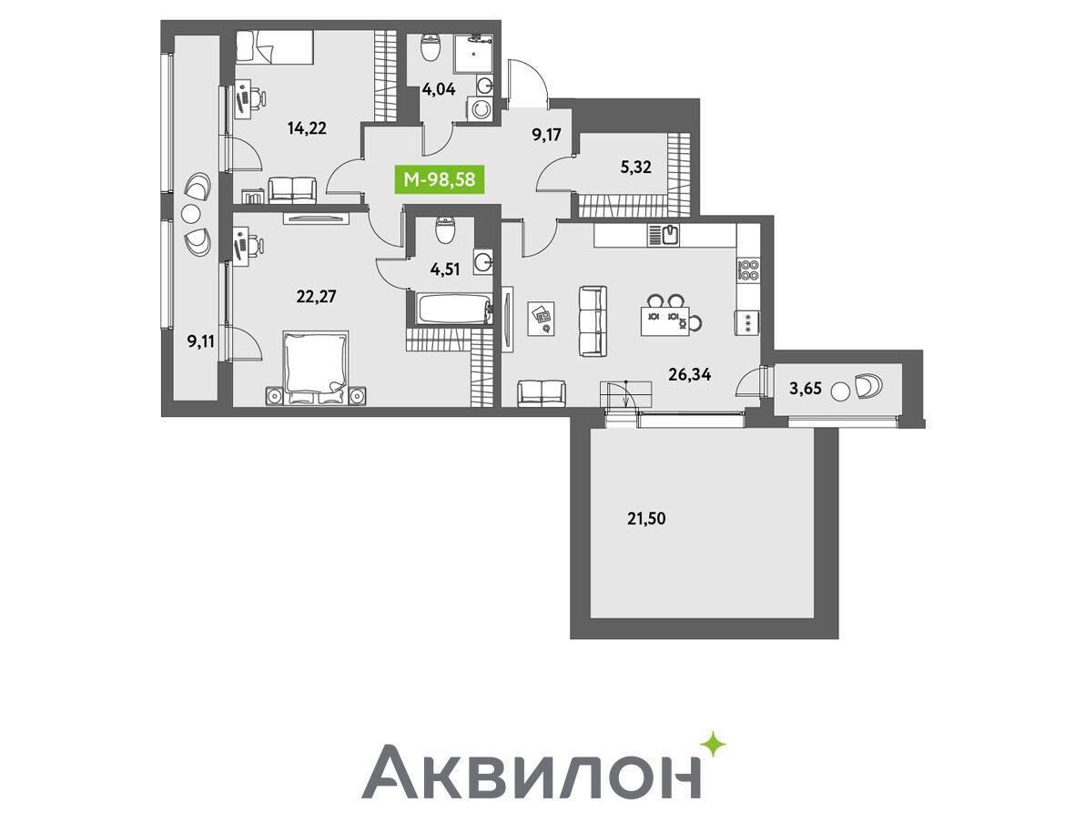 Планировка: 3-комн. квартира 93.60 м² в новостройке Аквилон Лив