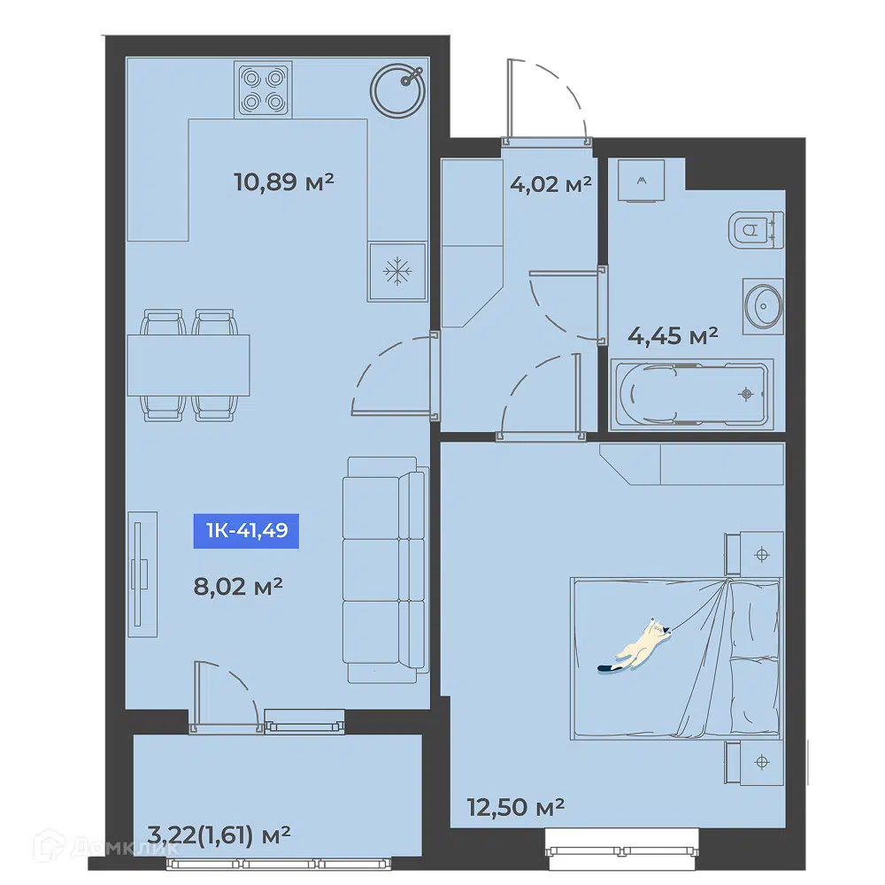 Планировка: 1-комн. квартира 41.49 м² в новостройке Соловей
