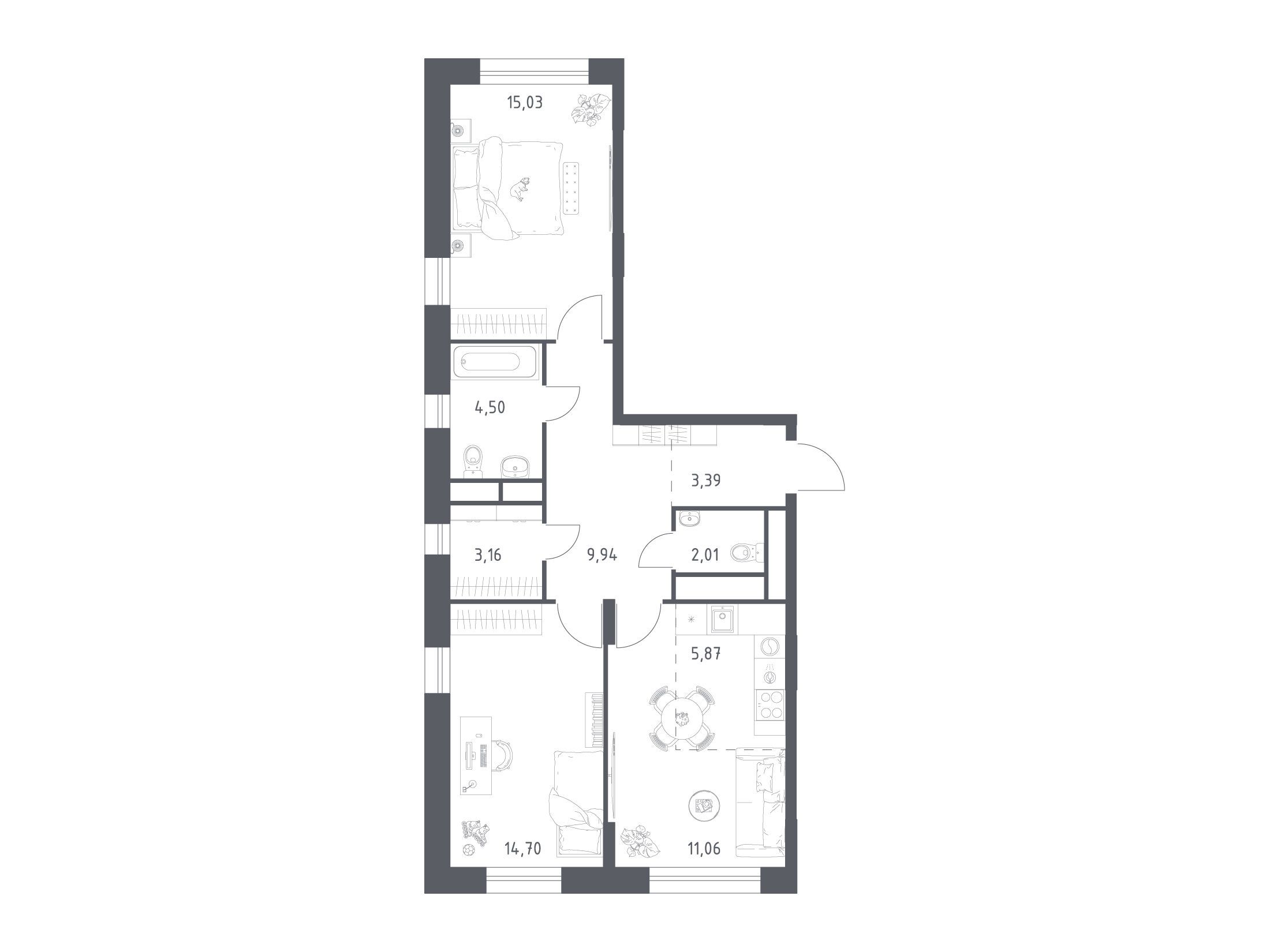 Планировка: 2-комнатная квартира 68.60 м² в новостройке ЖК Новоград Павлино