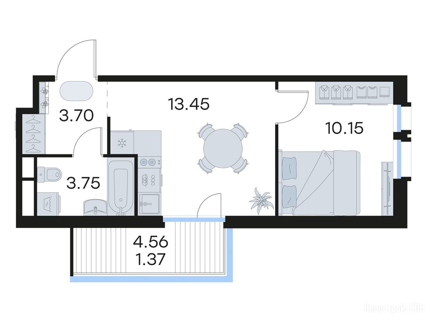 Планировка: 1-комн. квартира 32.90 м² в новостройке Глоракс Парголово