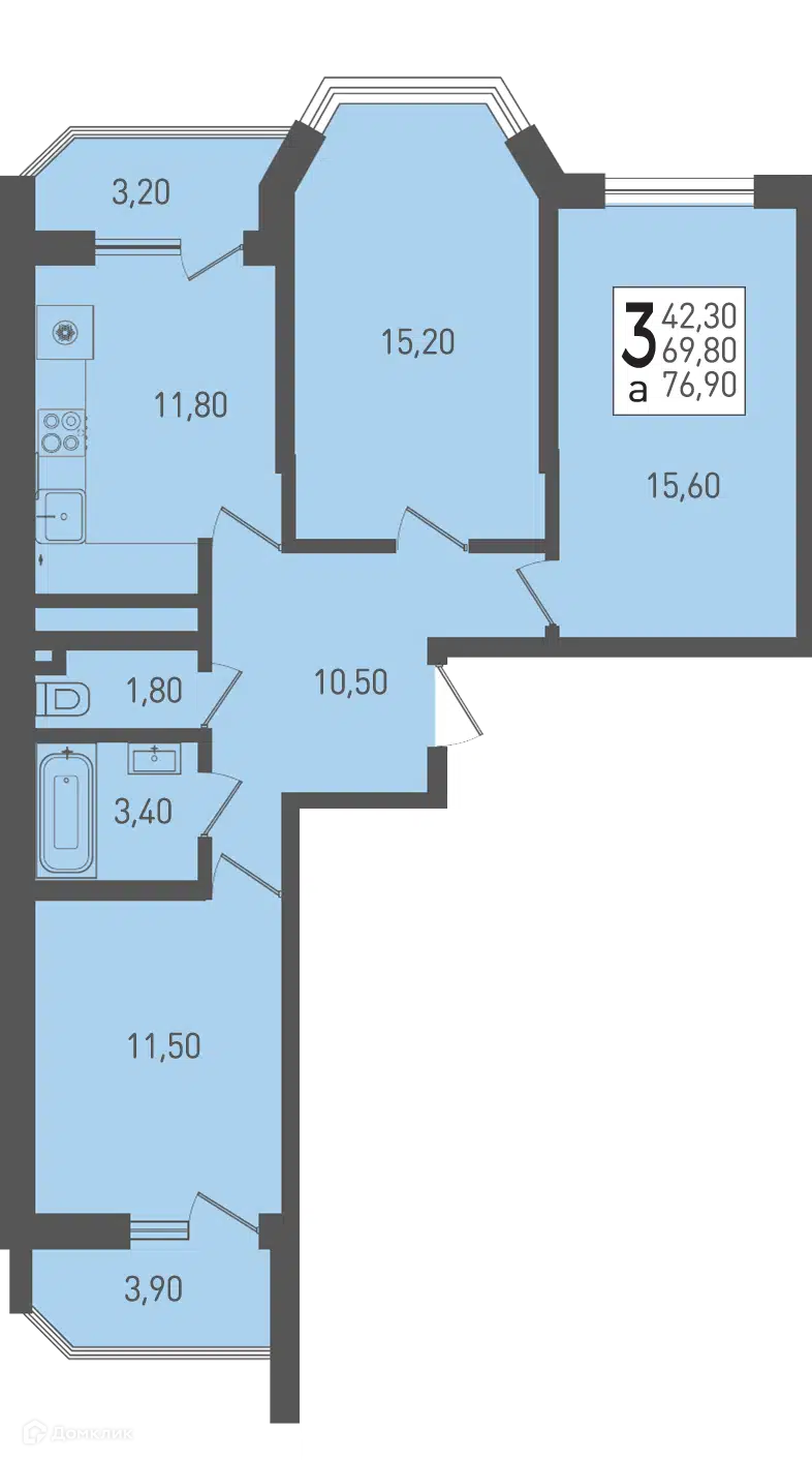 Планировка: 3-комн. квартира 76.90 м² в новостройке Огурцы