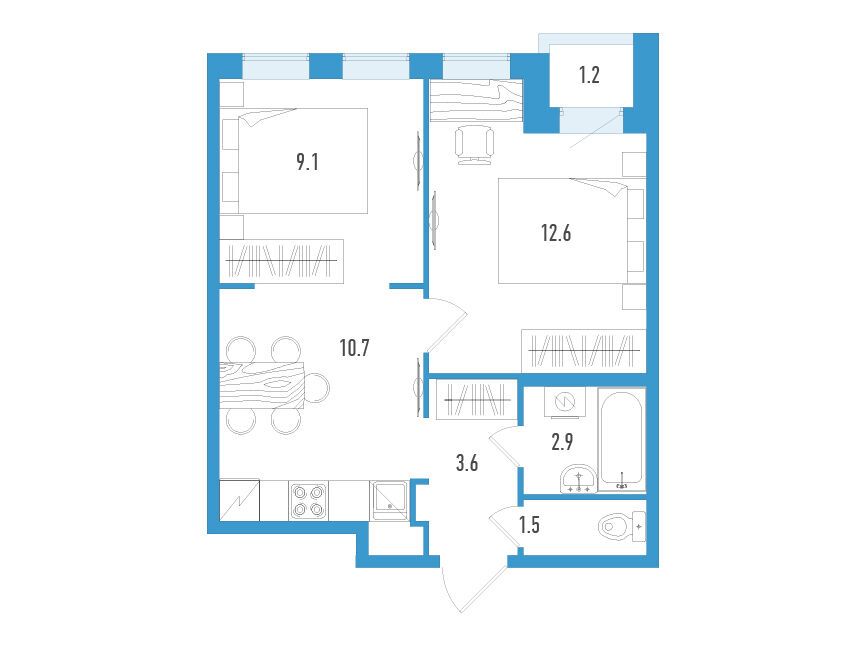 Планировка: 2-комн. квартира 41.00 м² в новостройке Аэросити Клаб