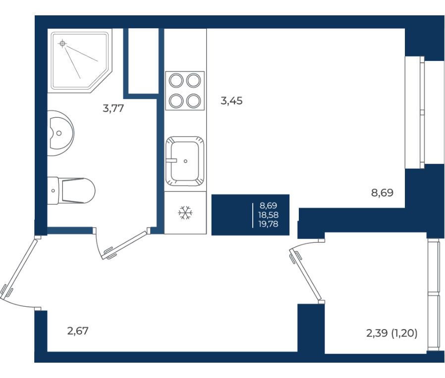 Планировка: Студия 19.78 м² в новостройке Новатория