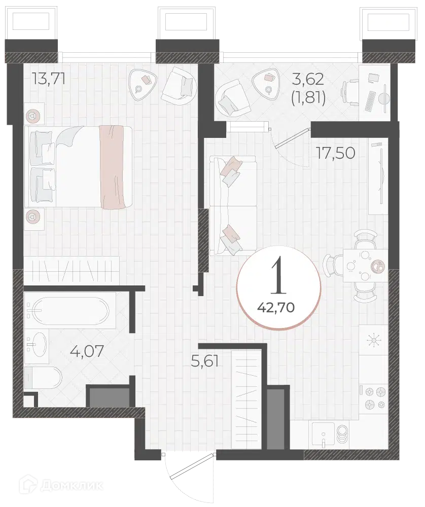 Планировка: 1-комн. квартира 42.70 м² в новостройке Моренуар