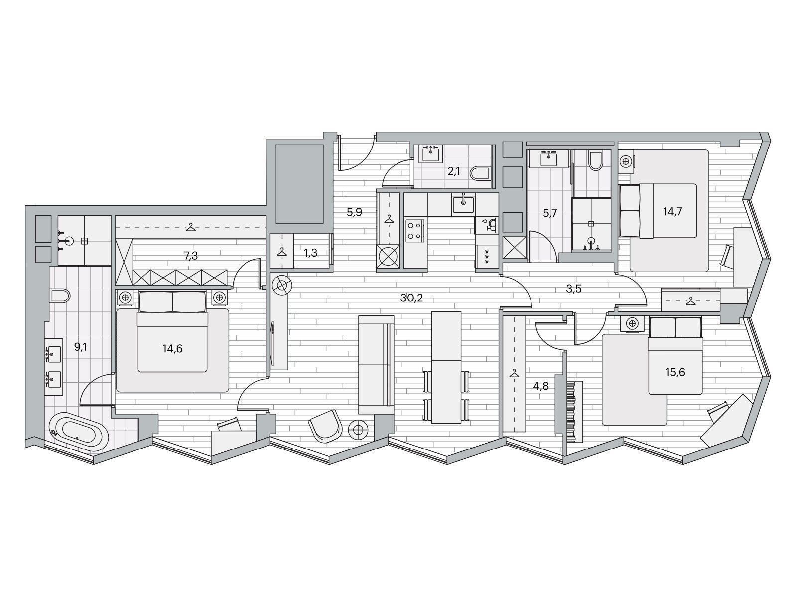 Планировка: 3-комн. квартира 114.00 м² в новостройке Береговой-2