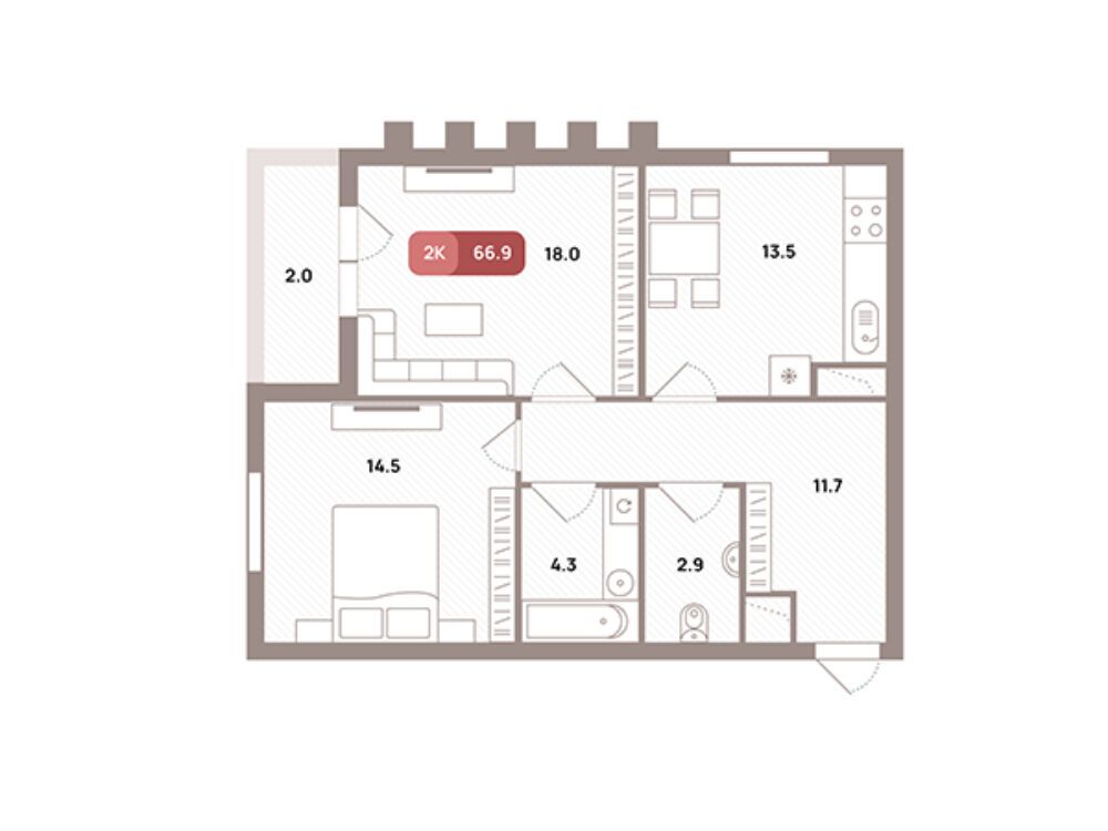Планировка: 2-комн. квартира 66.90 м² в новостройке Проспект 39
