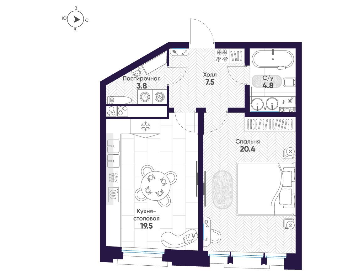Планировка: 1-комн. квартира 56.00 м² в новостройке Мариинка Делюкс