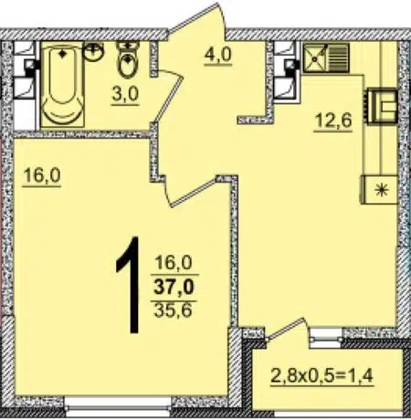 Планировка: 1-комн. квартира 37.00 м² в новостройке Грани
