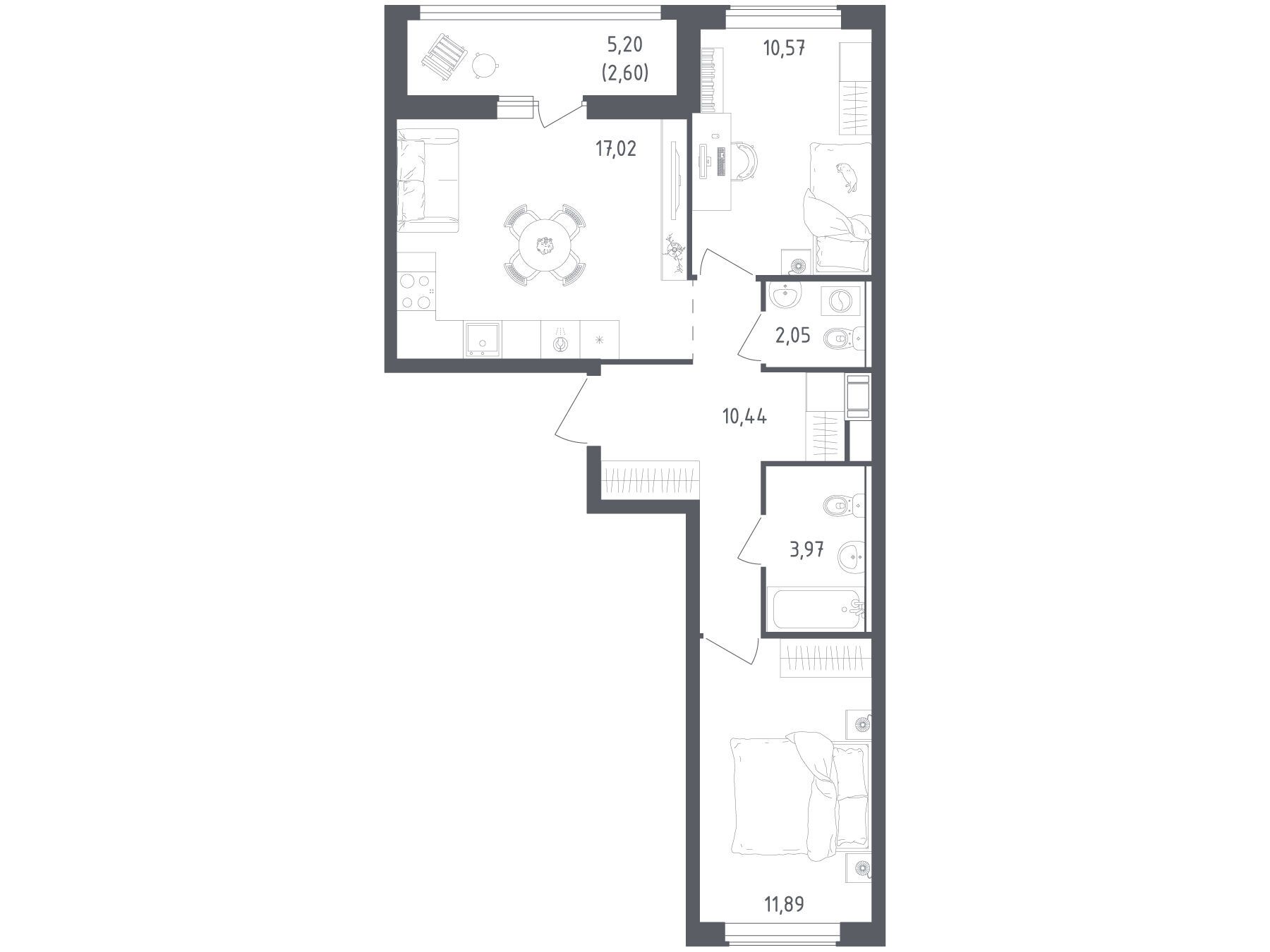 Планировка: 2-комн. квартира 58.54 м² в новостройке Южная Нева