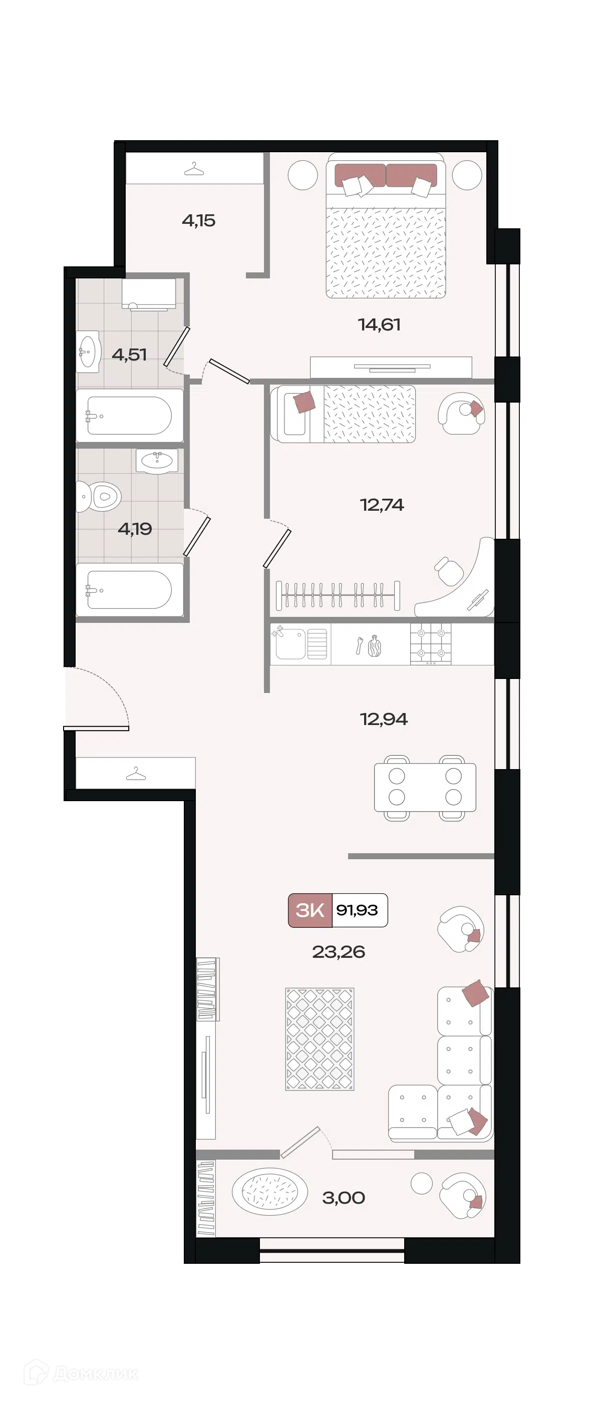 Планировка: 3-комн. квартира 91.93 м² в новостройке Коллекция