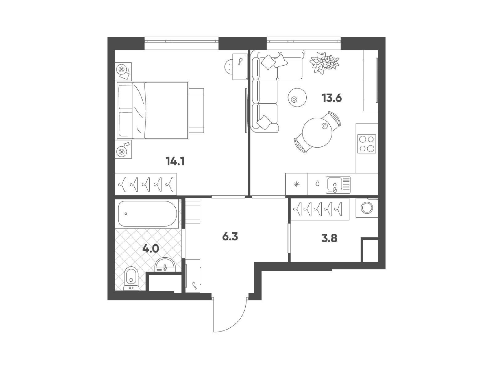 Планировка: 1-комн. квартира 42.00 м² в новостройке Воксхолл