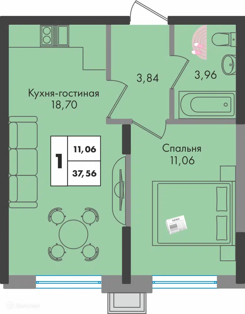 Планировка: 1-комн. квартира 37.56 м² в новостройке Зелёная территория