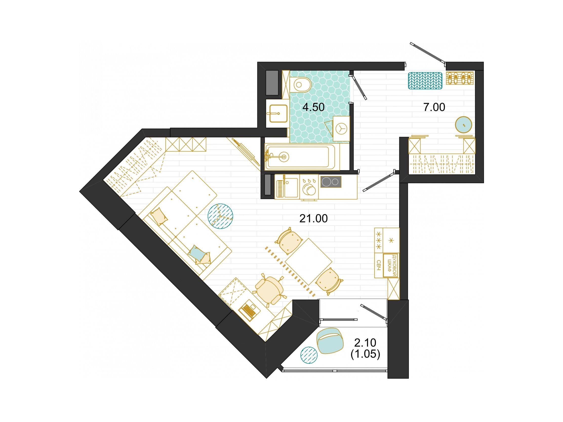 Планировка: Студия 33.55 м² в новостройке Оптима