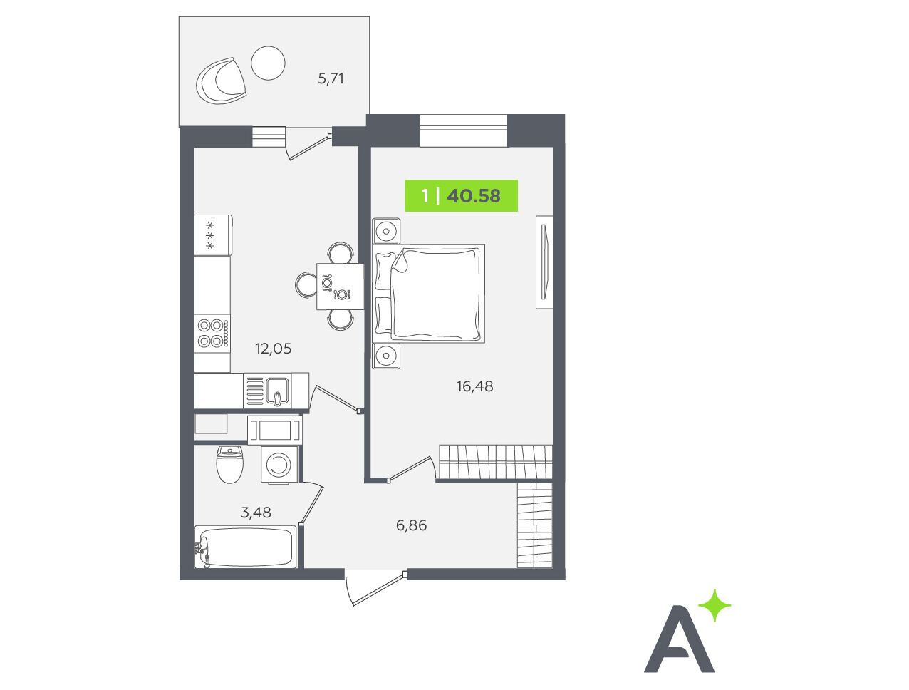 Планировка: 1-комн. квартира 40.30 м² в новостройке Аквилон Сторис