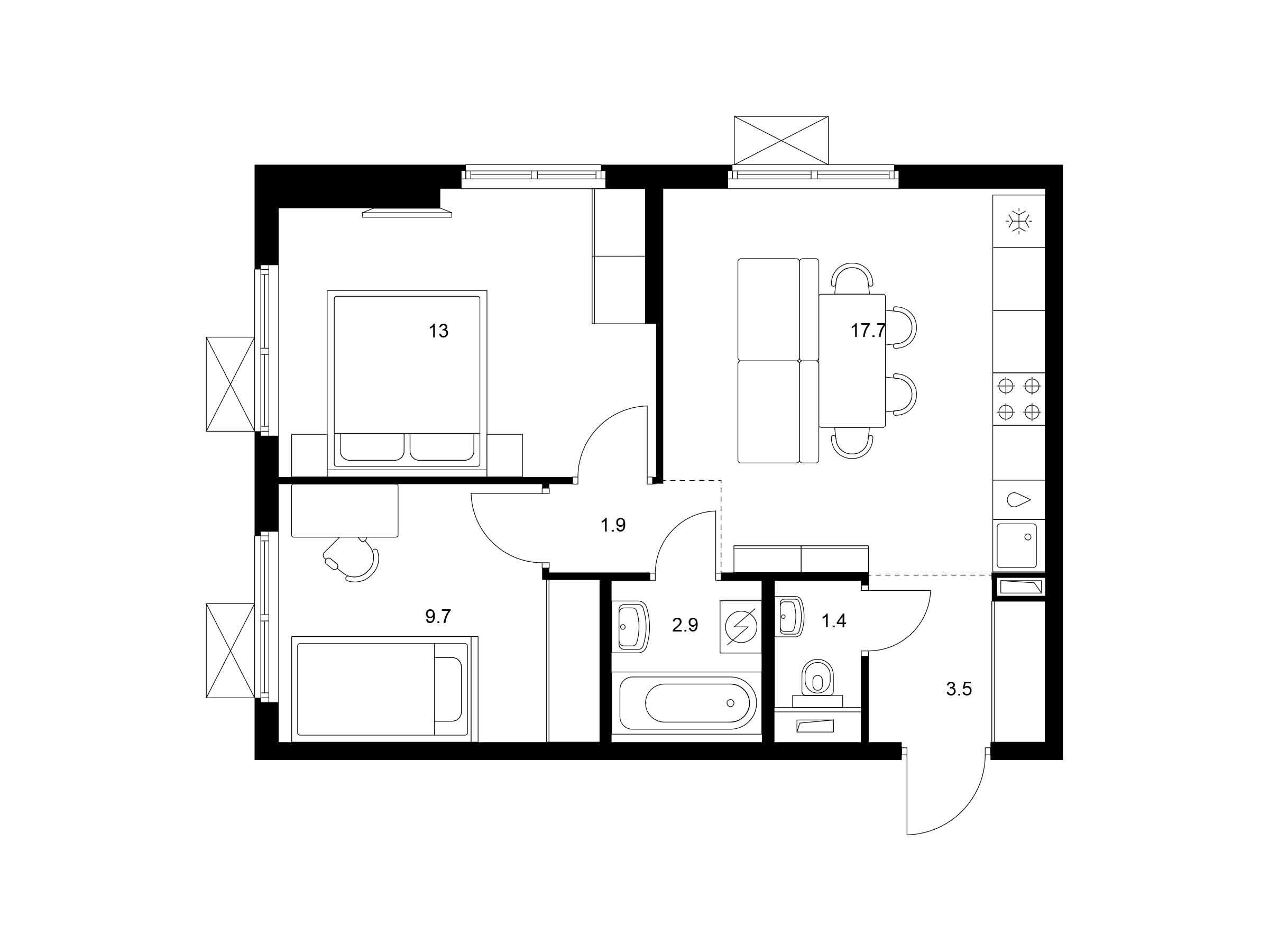 Планировка: 2-комн. квартира 50.10 м² в новостройке Юнино
