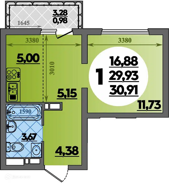 Планировка: Студия 30.91 м² в новостройке ЖК Предгорье Лаго-Наки