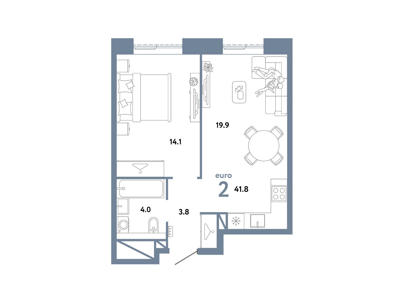 Планировка: 2-комн. квартира 41.80 м² в новостройке Страна. Заречная