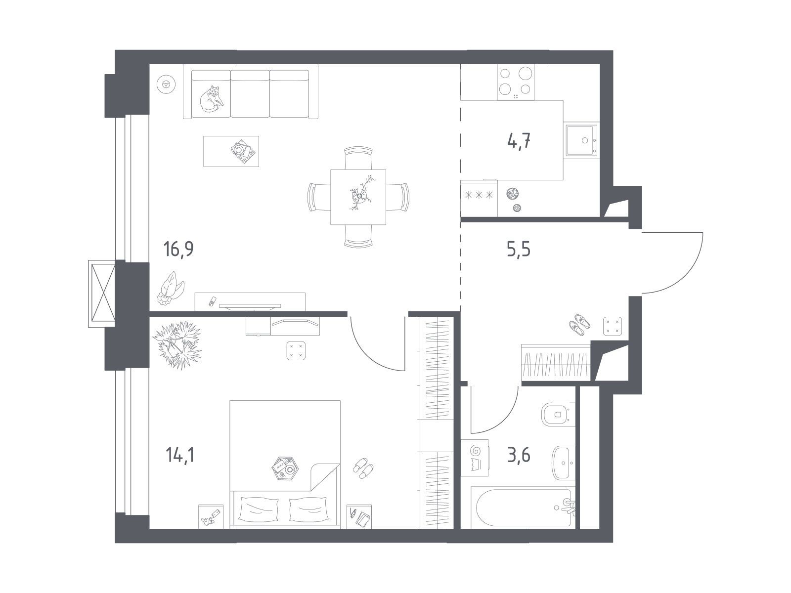 Планировка: 1-комн. квартира 44.98 м² в новостройке Верейская 41